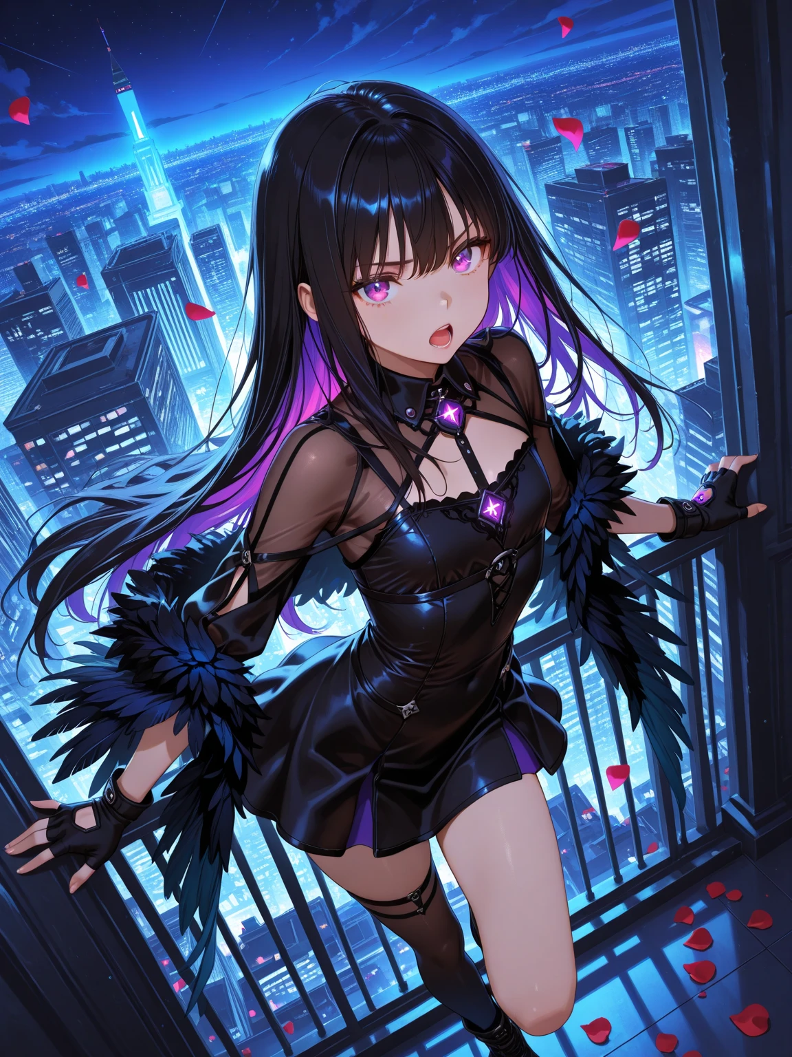 (masterpiece:1.2), best quality, 1girl, anime girl, photo of beautiful female demon, long hair, black hair, dark purple eyes, (two symmetrical demon horns, purple internal layer covered with a black one), demon tail, Hyperdetailed, hip cocked, demure young lady, detailed skin, soft lighting, best quality, 8k, Intricate, High Detail, soft focus, wearing a fitted, long-sleeved, off-the-shoulder black crop top with a choker-style neckline, paired with a high-waisted, short black leather skirt, black sheer pantyhose with intricate patterns, and knee-high or thigh-high black stiletto boots.
