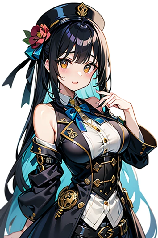 <lora:shirase sakuya:1>shirase sakuya, 1girl, solo, hat, black hair, breasts, gloves, cleavage, long hair, white background, dress, looking at viewer, black gloves, thighhighs, necklace, simple background, smile, yellow eyes, boots, peaked cap, hair bun, jewelry, large breasts