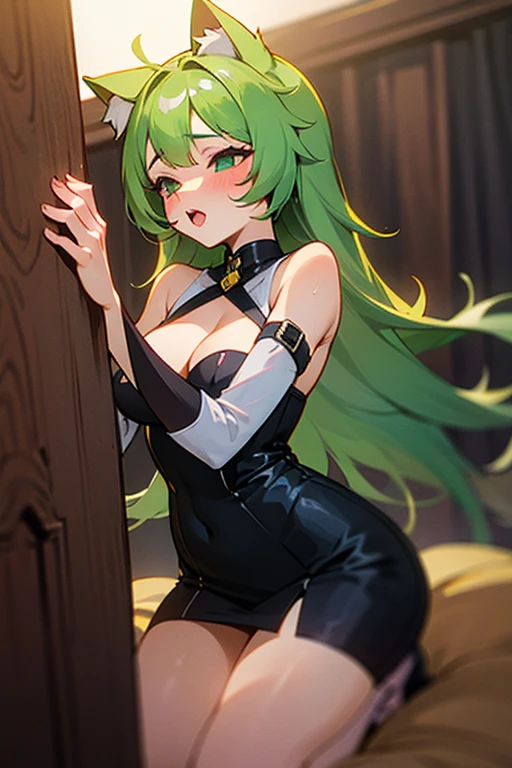 NSFW,masterpiece,Highest quality,High resolution,Super detailed,Uber\(Funeral of Frieren\),Green Hair、bangs、Hair between the eyes、Side Ponytail、Purple Eyes、Black choker、clavicle、High slit lace long dress、Sleeveless see-through dress、Halter neck,belt,Embarrassed,blush,(Prostitute),Luxurious Room,Brothel at night,heart,Sexy pose,(Sex slave)