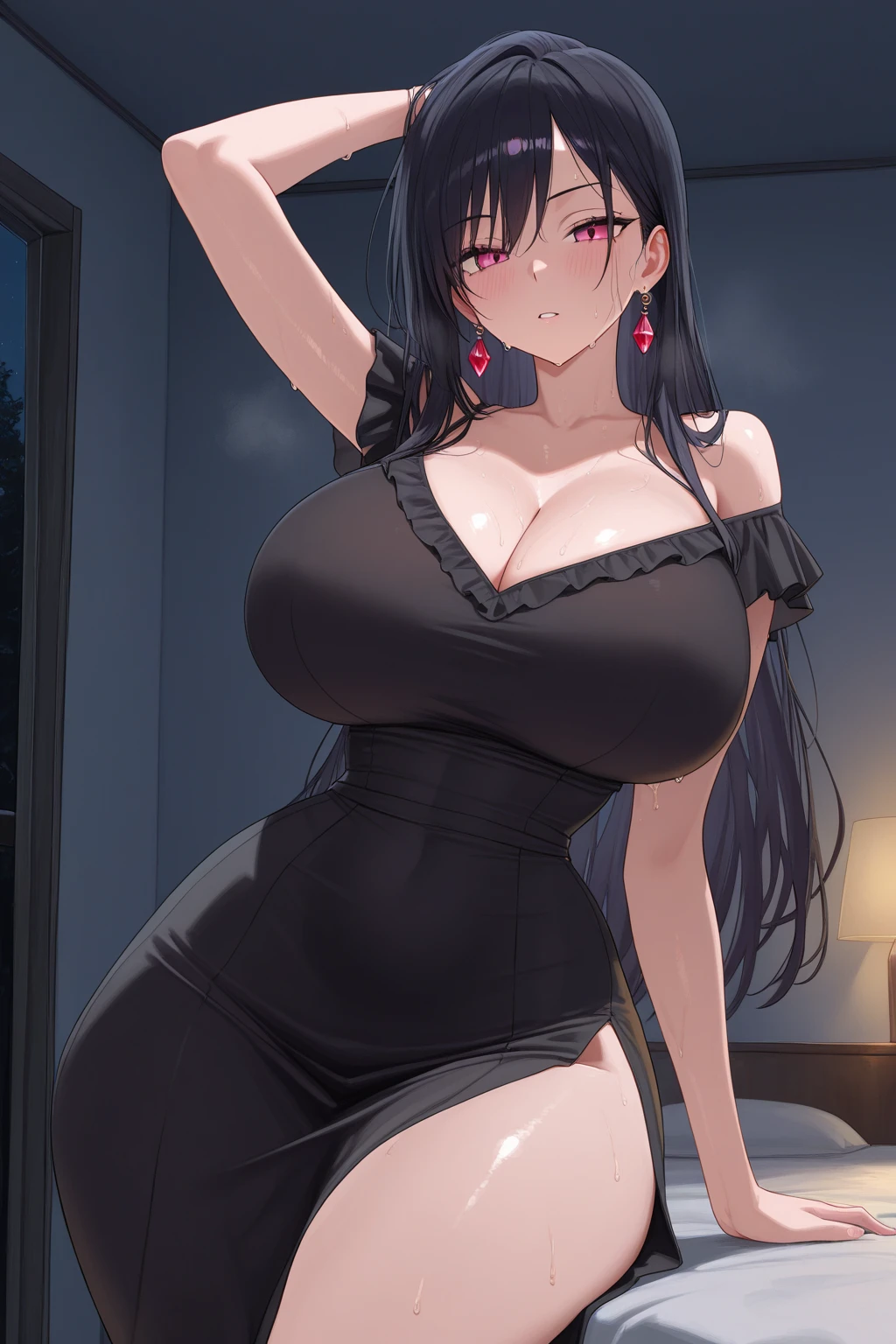 top view, girl, big boobs, cleavage, big hips, messy dark purple hair, orange eyes, balcony, leaning on the railing, sunset