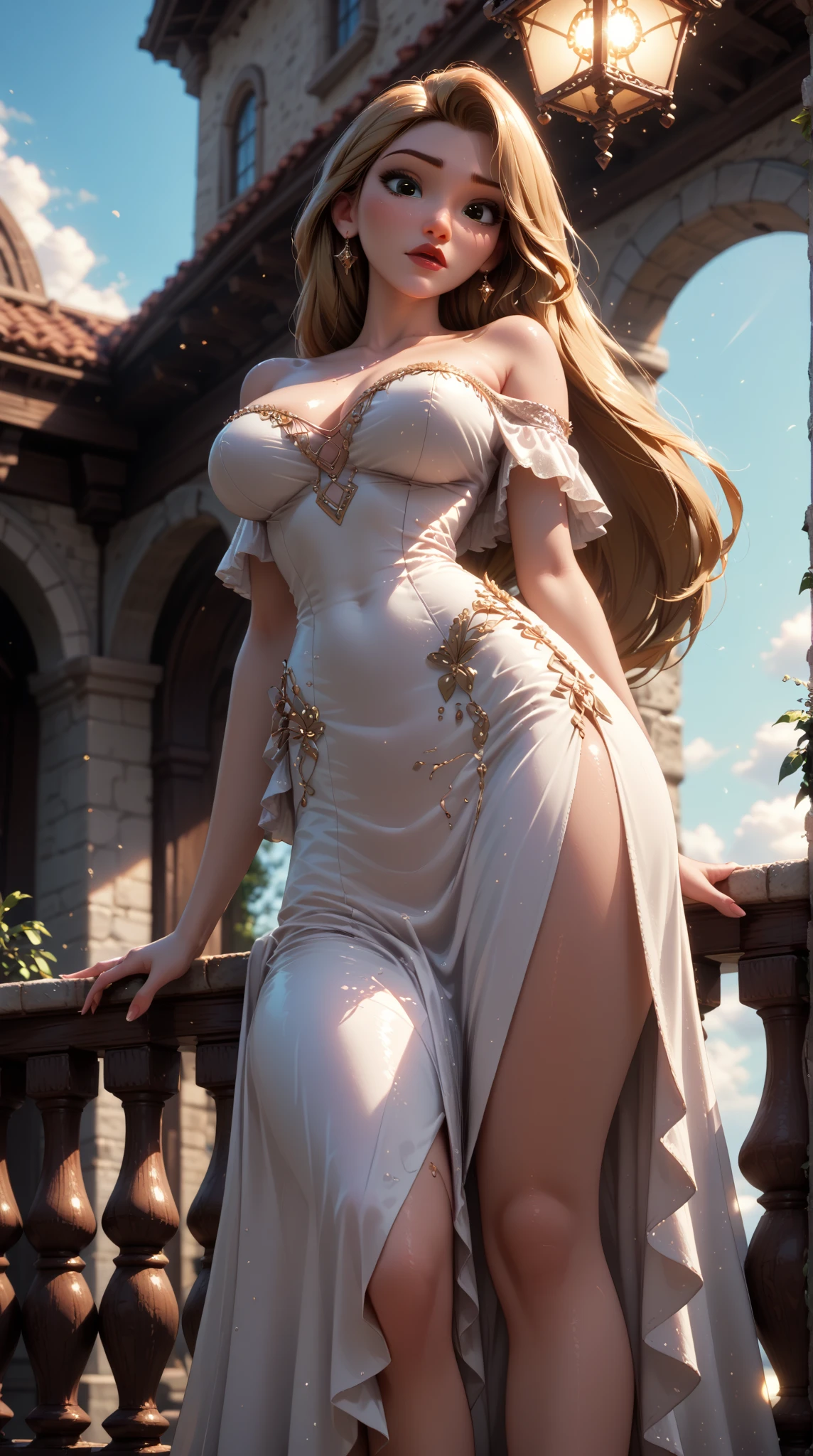 An female noble woman. Fantasy setting. (((Very short hair))), blonde wet hair with a undercut. freckles and liverspots. Round soft face. Round soft chin. Round soft cheeks. Curved lips. Long wide nose. Dark brown eyes. Upturned eyes. barely visible eyebrows. long eyelashes, beautiful green eyes, Friendly. Kind. medieval ambient, in a dark stone dungeon, ((full body)), (((visible feet))), medium breast, white bridal transparent dress, 