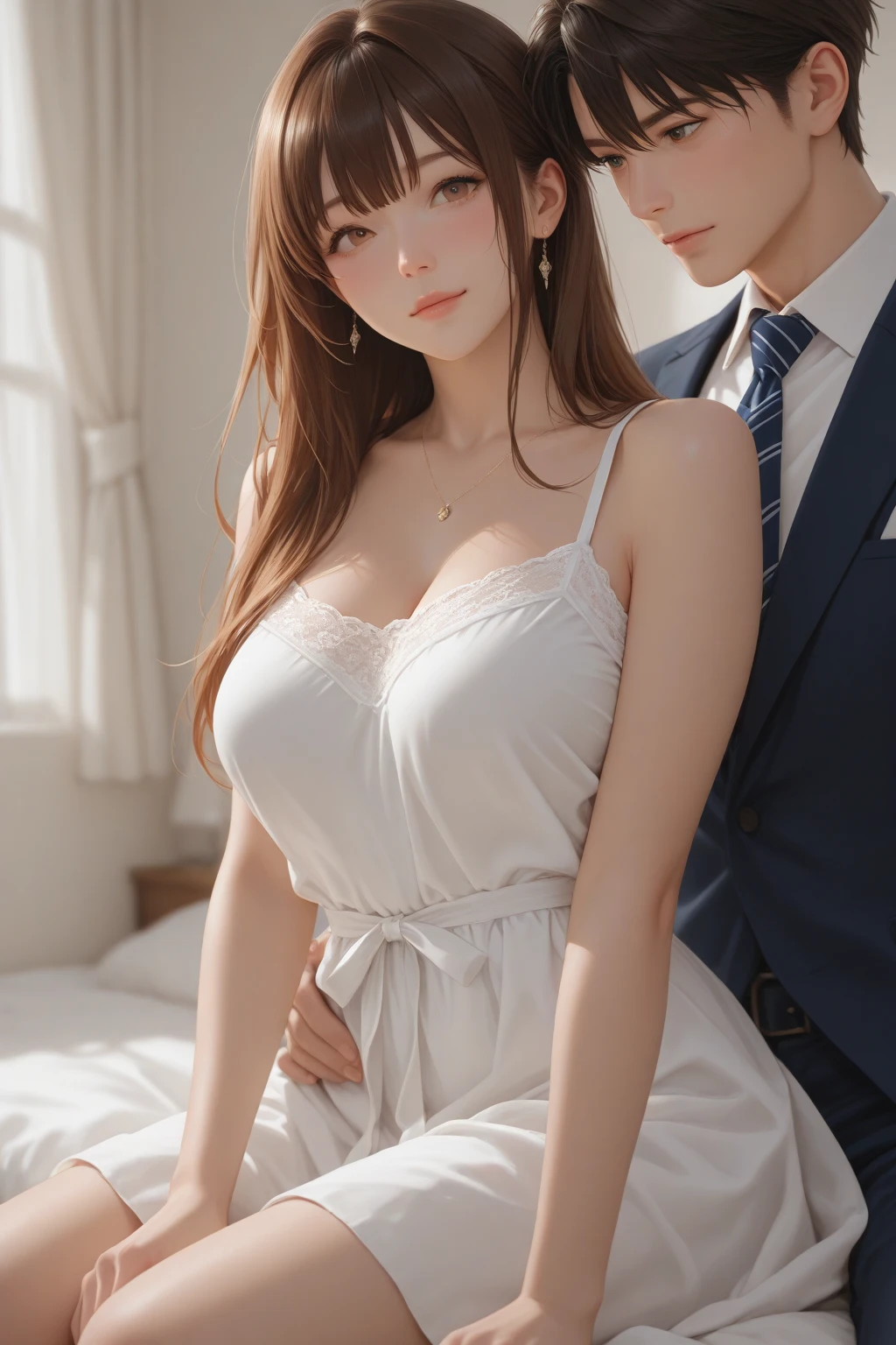 (best quality), (very detailed), (detailed light), (Very delicate and beautiful), (Surrealistic photorealistic expression、細かい肌Expressions of the、 four fingers and thumb)、1 girl, brown hair, brown eyes, (Beautiful big chest:1.5), chest, best quality, 8K wallpaper incorporating highly detailed CG, High-resolution RAW color photos, professional photos, (((bokeh))), depth of written border, ((standing sex、man and woman 사이의 음란한 행위、a man caresses a woman:1.5))、((fold one&#39;s arms) excellent))、((armpit))、((please put your hand over your mouth))、(accurate description of the arm)、(Adjust your arm position)、(男性とfemale&#39;that&#39;It&#39;s clear that the arms don&#39;t overlap..)、Young person、（female1）Touching the body、Young person（female1）hug from behind、Young person（female1）～touch the chest of、Young person（female1）lift excellent the skirt of、Young person（female1）return、 (female&#39;Expressions of the、Face with eyes closed and out of breath、facial、ecstatic face)、(((standing sex))).Make sure the camera captures your entire body.,Gold necklace＿big earrings、female wearing white long sleeve button up blouse_Brown pleated mini skirt:1.4((man and woman:1.6)), ((she is blonde, 23 years old,super long hair:1.6)). ((he is cruel,brown hair 짧은 머리,34 years old:1.K, RAW photos, best quality, Depth of recorded boundary, ultra high resolution:1.5)), ((A man is embracing a beautiful female from behind,his right hand touching her chest and his left hand on her groin. The female lightly touches the man's arm, Even though he looks like he&#39;s resisting, he looks happy.,gasping for joy:1.4)). ((female wearing :1.6)), ((Body expressions when feeling intense caress,Facial expression when feeling joy, shut your mouth,Close your eyes and furrow your eyebrows with joy,chest thrusting pose, chest bragging pose:1.4)),