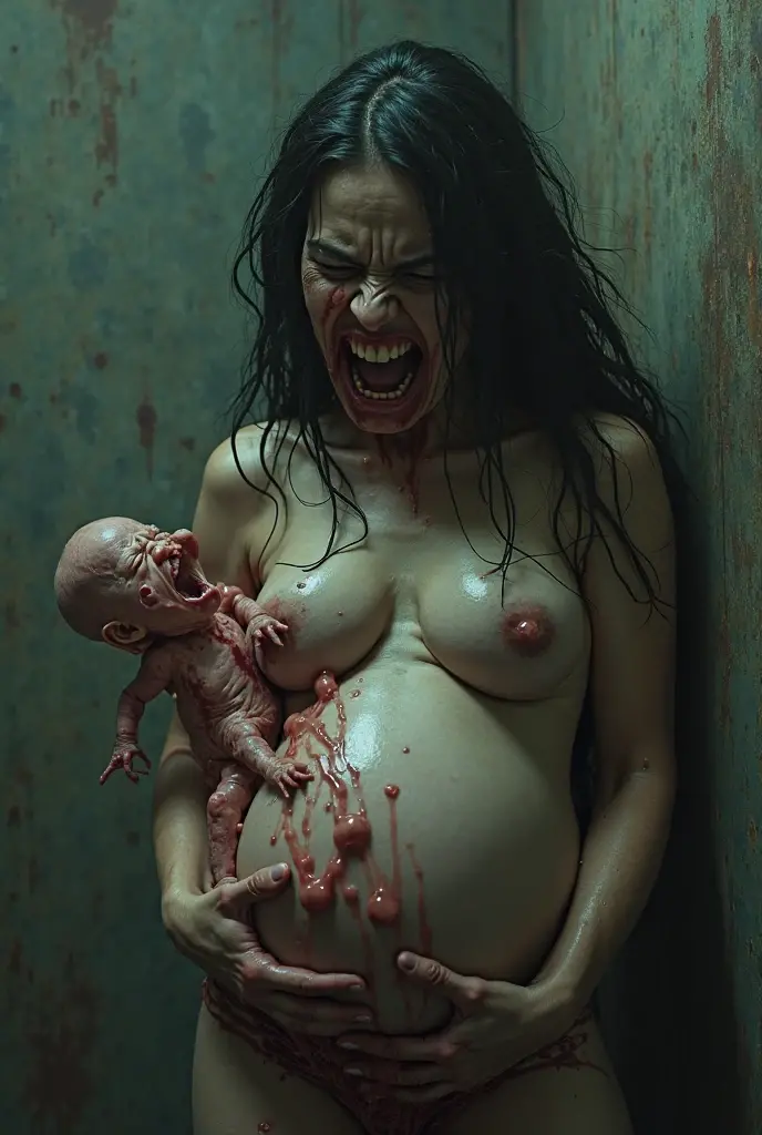 Pregnant woman eats her husband and has a huge belly