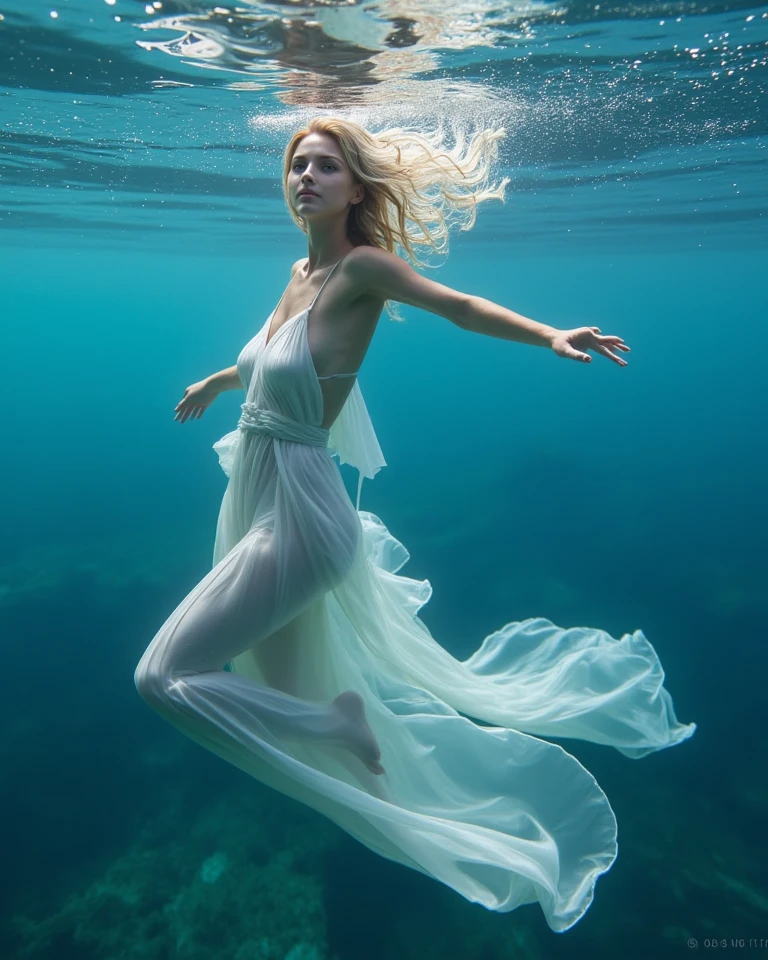 A perfect shot of a woman wearing a long dress, emerging from the water, seen from the bottom of the lake, submerging herself in the water with her arms gracefully extended, her eyes closed, her lips closed and her legs stretched out. Her hands are almost touching the surface of the water. Perfect face, perfect hands, ultra-realistic, style of perfection, epic, realistic, cinemascope, no nudity, see-through clothing,Ballet Pose