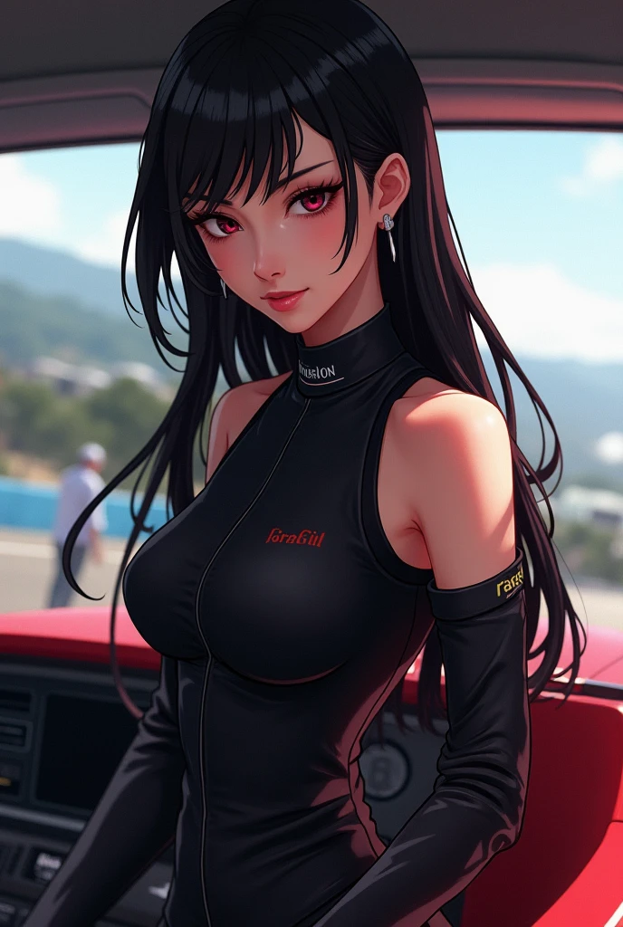 ((Highest quality)), ((masterpiece)), (detailed), Perfect Face, ((Highest quality, 8k, masterpiece: 1.3)), Sharp focus Beautiful woman with perfect body, Slim abdomen, Highly detailed face and skin texture, detailedな目, double eyelid, smile, Black Hair, Heart Earrings, Race Queen, FI turns around, background (Become a car), Race Queenコスチューム, Sunburned skin, Brown Skin