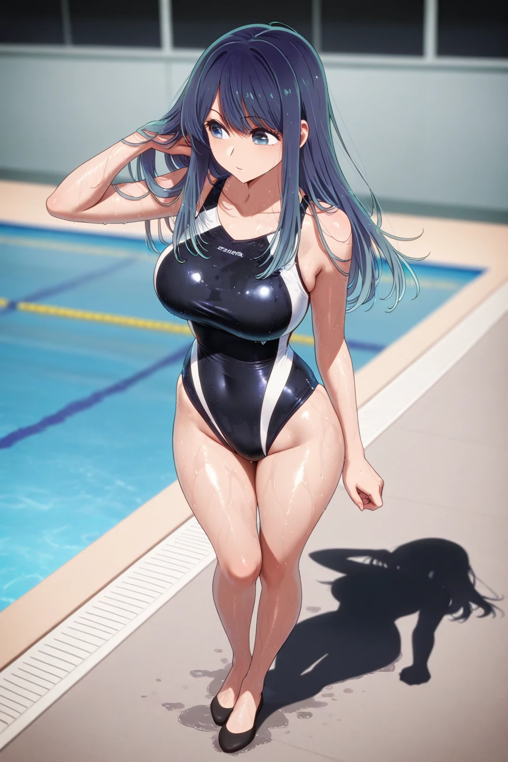 ((hdr, highest resolution, best quality, beautiful, raw image)),1girl, , dark blue hair, long hair, , ((((big topknot)))), ((((stand up half up hair)))), ((even bangs hair)), (blushing:1.1), smiling, green eyes, full body, slender, (medium breasts), thighs, early teen, blue one piece swimwear, outdoor pool ,((big float ring)),