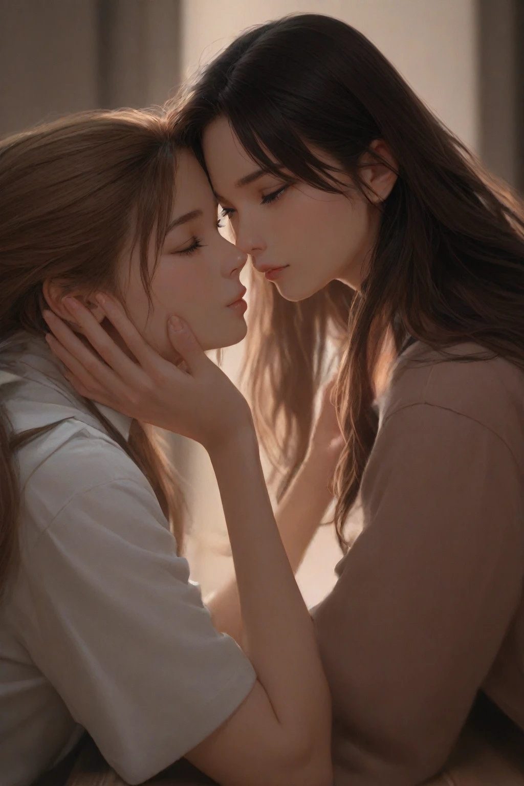 two girls, yuri, kissing,  (light hair)