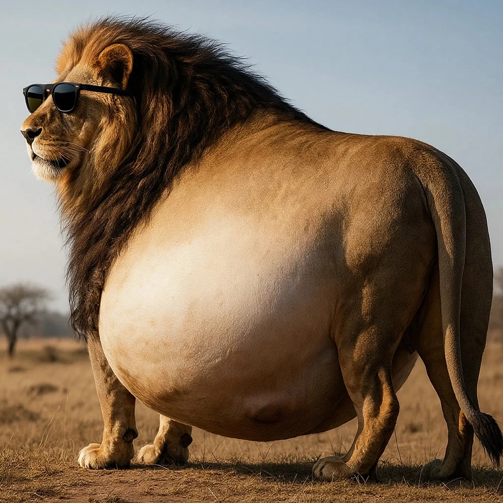 (best quality,4k,highres,masterpiece:1.2),ultra-detailed,realistic,photorealistic:1.37,Lion,male,long and blonde mane,lion's chin beard,Big and extremely obese,large body,very big belly,belly very fatty,jockstrap in a garden