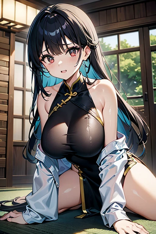 masterpiece, 1girl, Amazing Cleavage:1.3, thin waist, big ass, Raised sexy, medium breast:1.3,posed cleavage:1.2,solo, looking at viewer, open mouth, have a cup of coffee,black hair, red eyes, dress, bare shoulders, jewelry, collarbone, sidelocks, hairband, earrings, indoors, off shoulder, :o, sweater, arms behind back, plant, short hair with long locks, white hairband, off-shoulder dress, sweater dress, off-shoulder sweater, red sweater, big side hair, very long side hair,is rendered in (masterpiece: 1.2, best quality), with (ultra high resolution) and an exquisite (depth of field). This masterpiece is not only visually stunning but also tells, make of cooking some cakes ,in the kitchen