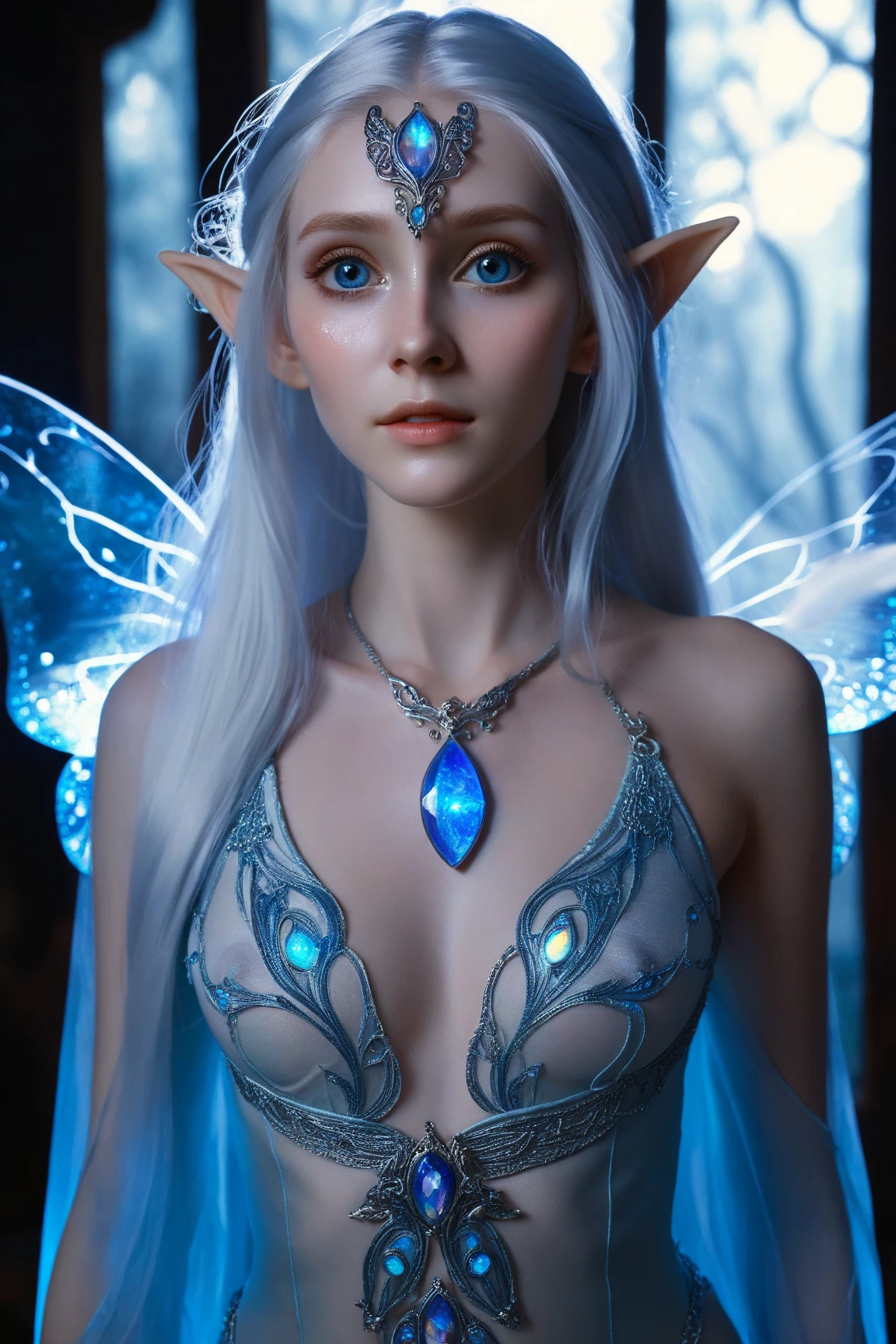 A ice elf (lovely woman, pale blue skin, deep blue hair and eyes, sheer reflective evening dress) acting alluring in a winter wonder land
