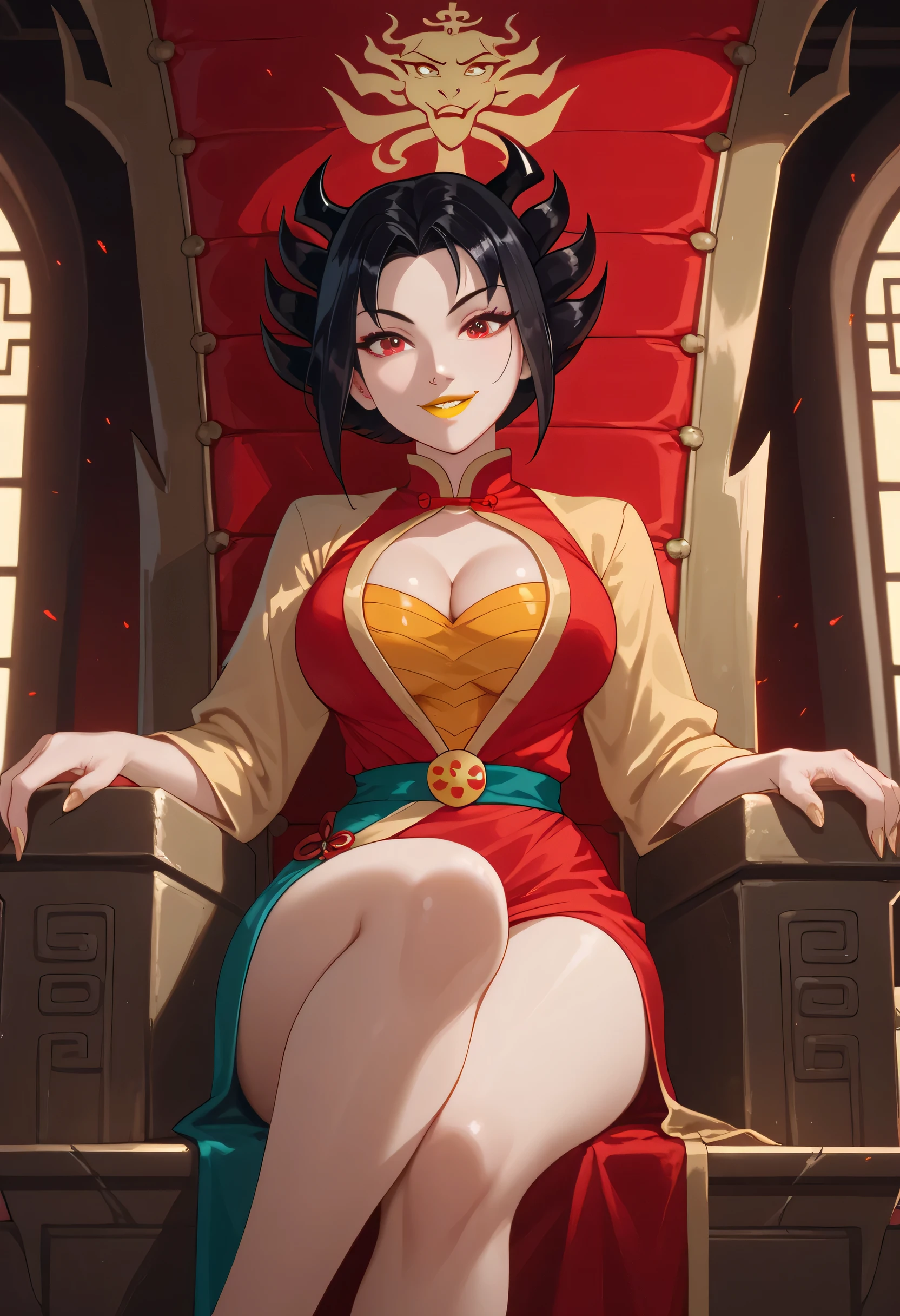 Score_9, Score_8_up, Score_7_up, Score_6_up, MILF, fuente_anime(avatar: la leyenda de aang), 1 chica, azula, (masterpiece), (best quality), (ultra-detailed), (best illustration), (best shadow), (absurdres),, scan, (extremely detailed CG unity 8k wallpaper:1.1), highres, ambient light, (1girl), Beautiful character design, official art,extremely detailed CG unity 8k wallpaper, perfect lighting,Colorful,shiny skin, (masterpiece:1.0),(best_quality:1.0), ultra high res,4K, (dark theme:0.6), (dark shot:1.1), epic realistic, (dark shot:1.4), 80mm, (anime), (illustration), cartoon, detailed, azula, 1girl, solo, short hair, black hair, hair ornament, ponytail, brown eyes, red robe, embarrassed, blush, facing viewer, 1girl, solo, Beautiful detailed eyes, cleavage, NSFW, revealing clothing, medium breasts, sitting on throne, throne, gold armlets, gold bracelets, gold collar, sleeveless, evil grin