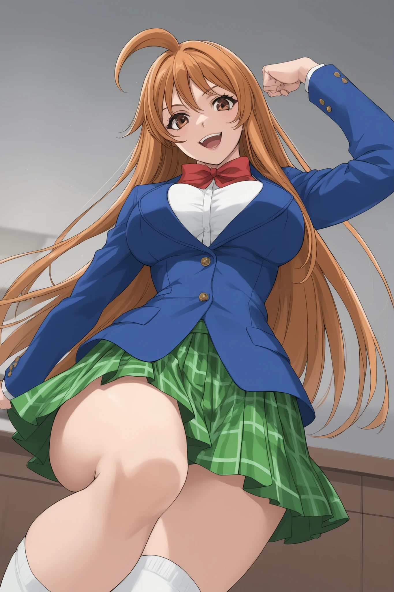 1girl, good anatomy, masterpiece, best quality,realistic, hyperrealistic, 16k hdr,, perfect face, nice eyes and face, textured skin, absurdres, highres, wzhakufu, long hair, magatama earrings, , red ultra miniskirt, pleated skirt, large breasts, antenna hair, orange hair, aqua eyes, sweater vest, standing,happy smile, outdoors,school background, (skirt lift herself,strong wind:1.2), levitation hair, natural light,erected nipples,from below,(no panties:1.3),spread legs,navel,(sexy pose:1.2)