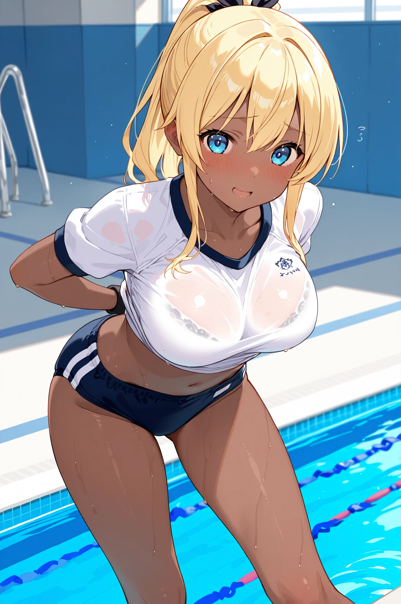 Face to face sitting position,  into pussy, orgasm face Create a photo-realistic young woman with blonde hair (Shoulder length), blue eyes and big breasts. She is wearing a white T-shirt, Round neck, Long Fit、Short sleeve, No bra, She also、She is wearing a unicolor black cotton miniskirt. She climbs out of the pool, soaked. The T-shirt fits snugly to the body.、A little transparent. whole body, Wide-angle shot.