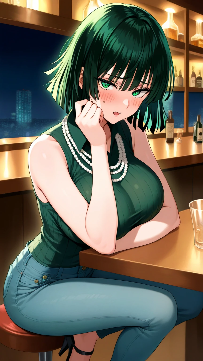 upperbody closeup，sportrait，With sunglasses，little breast，Fashionab，Handsome，15 year old woman，cleavage，Green short bob hair，Off-the-shoulder attire，Restaurant