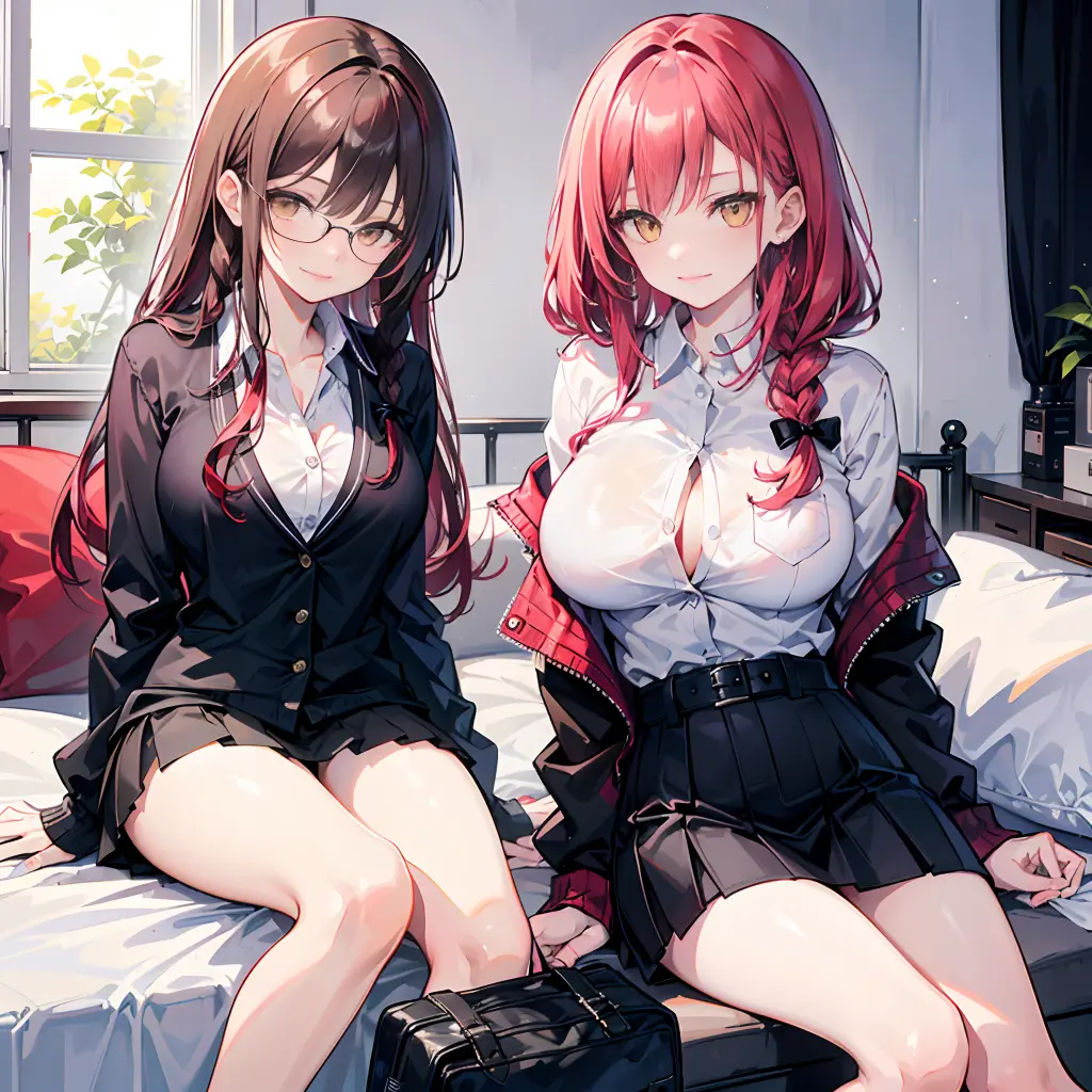 An anime girl with red hair and blue eyes wearing a skirt and an open shirt revealing a black and red bra