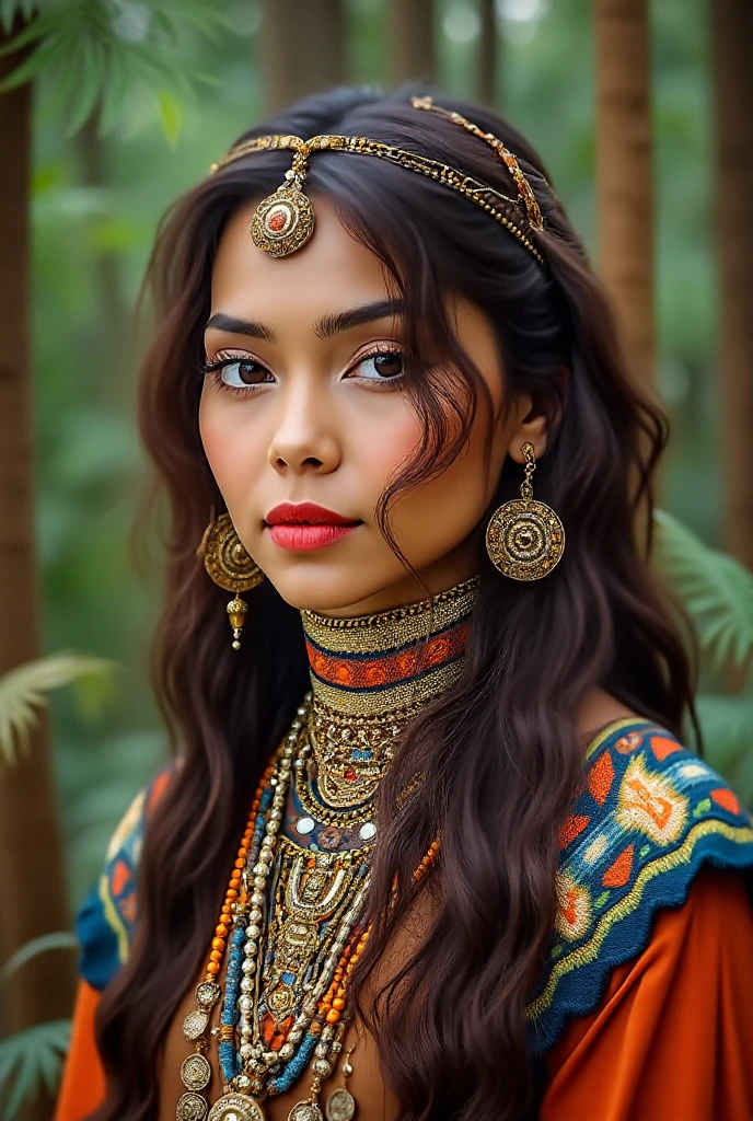 ((Mulher jovem, indigena, bonita)), com 25 anos de idade, (master part:1.2), rosto altamente detalhado, Looking sideways at the camera, (foco nítido: 1.2), (NSFW1.2), ((wearing an indigenous outfit)), Indian tribe, (Imagem ultrarrealista com detalhes intrincados).