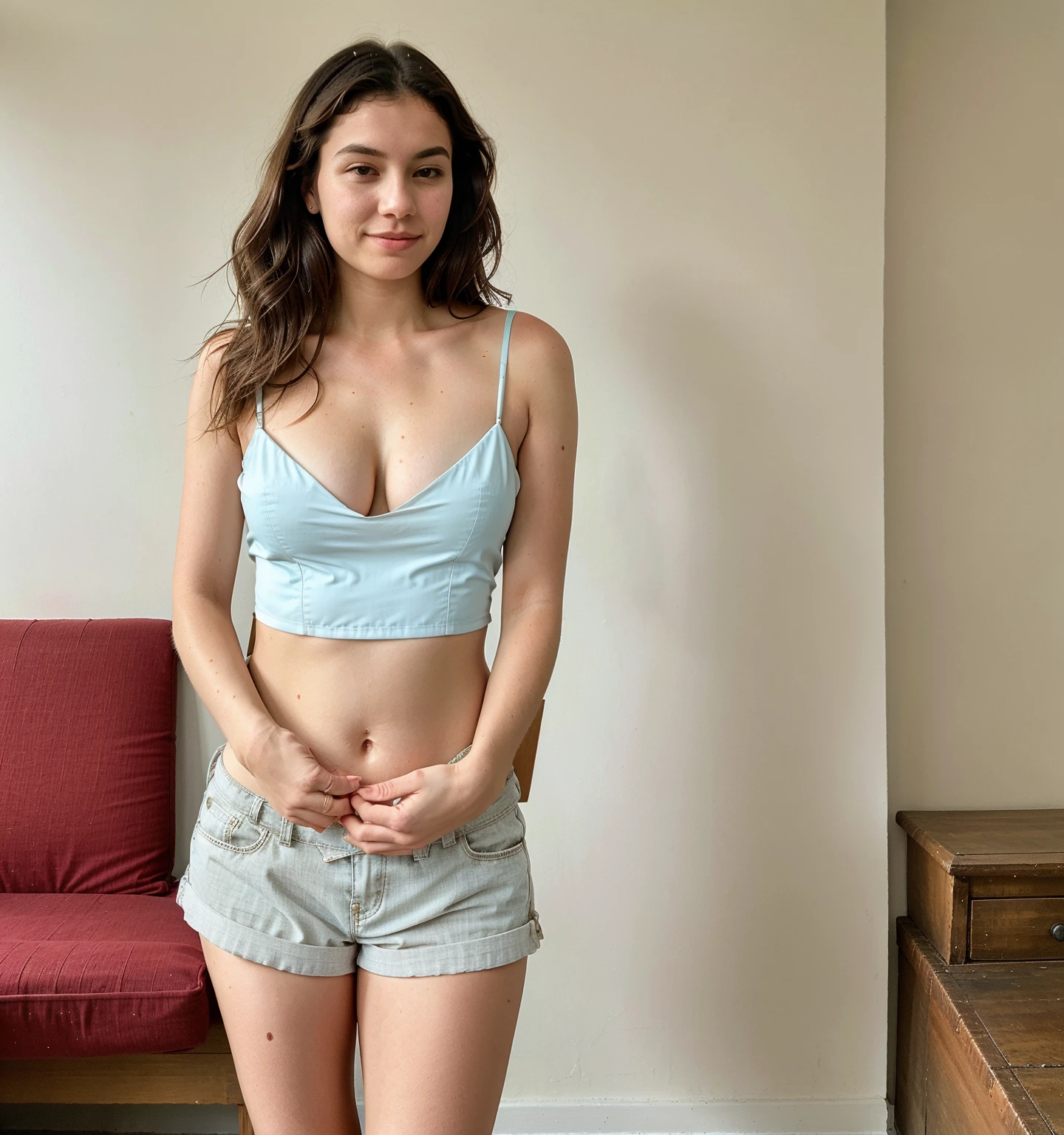 (a detailed full body RAW photo of a super skinny thin girl), (Meisterwerk: 1.0), (best qulaity: 1.4), (ultra high resolution: 1.2), (fotorealistisch: 1.4), 8k resolution, Canon EOS R5, 50mm, visible abs, super skinny Fitness Body, ultra detailliert, (18 Jahre), scharfer Fokus, filmische Beleuchtung, detailed beautiful face, (Make-up: 1.2), (ulzzang-6500-v1.1), sehr zierliche Figur, detaillierte Hauttextur, blasse Haut, super perky Runde Brust, (super skinny and fit body: 1.3), Oberschenkellücke, detailliertes braunes Haar, (sehr unordentliches Haar:1.5), (Avril Lavigne:0.7), Smileing, (large Jeans tiny colorful wool top belly free and visible hot Lingerie:1.4), realistische Haut, (Schlafzimmer:1), (cameltoe:1.3), (schwitzen:1.45), tiny, teen, super skinny, sehr schlanke Taille, Seductive Smiling, undressing, super schlanke Bauchmuskeln, abs flexing, hard abs, intensiv visible 6 pack abs, collar and leash, teasing the viewer, intensive eye contact, (seductive:1.1), camera from above, looking down, sex play, sexy picture