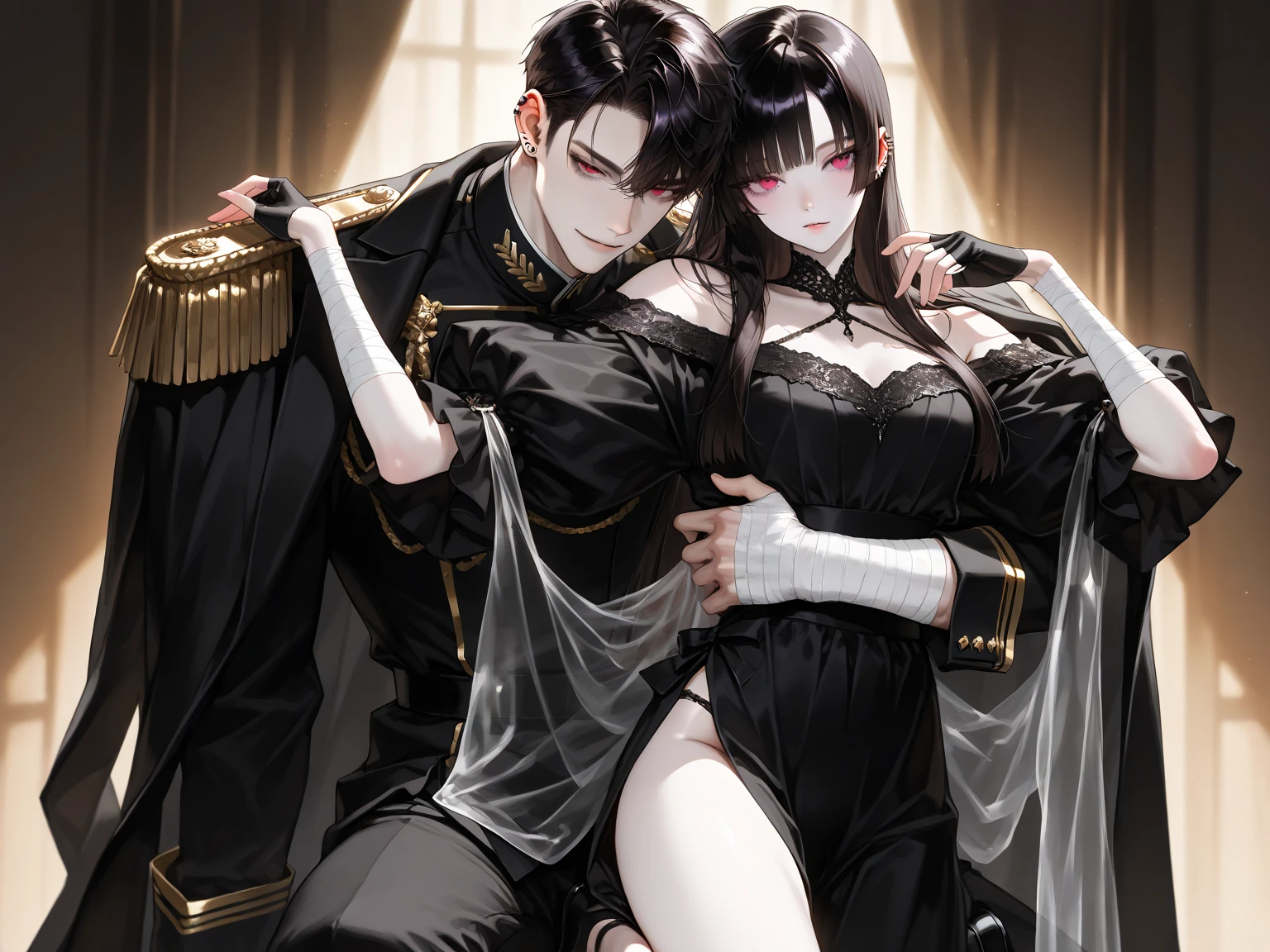 Masterpiece, best quality best, 8k, Highly detailed, Very detailed,of a handsome young man，Dressed in a classic black prince outfit.，long black hair。His face was very striking.，The expression is focused and gentle.，Look at the woman next to you.。The girl wore a beautiful red dress，Elegantly curled hairstyle，It revealed a slender collarbone and delicate ears.。Her lips opened slightly.，Feel a man&#39;s kiss。Their bodies were clinging together.，Tap lightly with both hands.。All bedrooms are bathed in warm light.，The curtains sway gently.，nighttime，starry sky，petals，Looking from the front to the side，The man bowed his head.，kiss the girl gently，Their bodies trembled slightly.，Feel each other&#39;s breathing and heartbeat.。The whole picture is full of romance and affection.，Let people feel the charm and power of love.。,Have sex, sexy, voluptuous, pornographic, lewd, Let's do it. , Grab your breasts