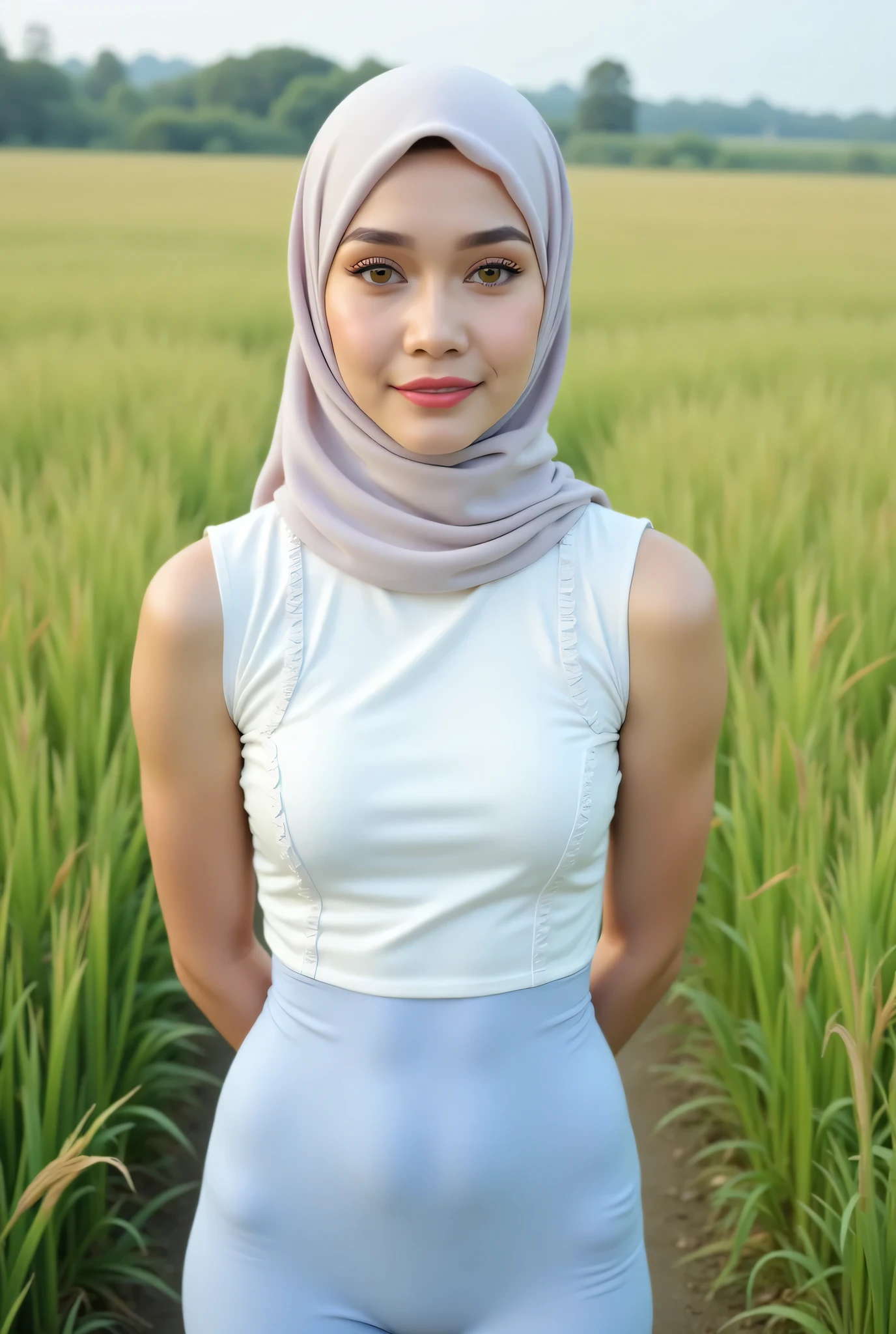 Just Front photo, wear a pastel translucent (periwinkle) leggings closed my center, Tetek besar melayut, hijab hijab hijab  hijab, (photorealistic:1.6), background rice paddy. daytime atmosphere, don't put any rope! flat chest!, duduk di atas kerusi kaca, hands behind back while legs astride,  view from  front, wearing Detailed Fully white satin silk tight dress, (Singlet ruffled)