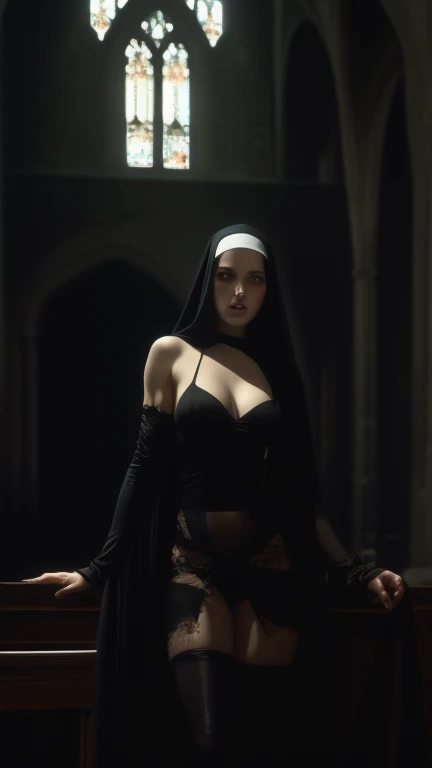 8k, RAW photo, best quality, ultra high resolution, (photorealistic), realistic photo of skinny brunette girl nun, (skinny brunette girl nun, 20 years old, slim face, tanned skin, black hair, straight hair), in the church, candles, crucifix, blood red walls, (full body picture), (photo from the side), standing posing for picture, (sexy pose), (praying), (arms crossed as for the prayer), (wearing: (black nun costume, (black miniskirt), stockings, crucifix)), ((looking at viewer)), dangerous smile, menace, (extremely detailed CG unity 8k wallpaper), Sharp focus, (bright light)