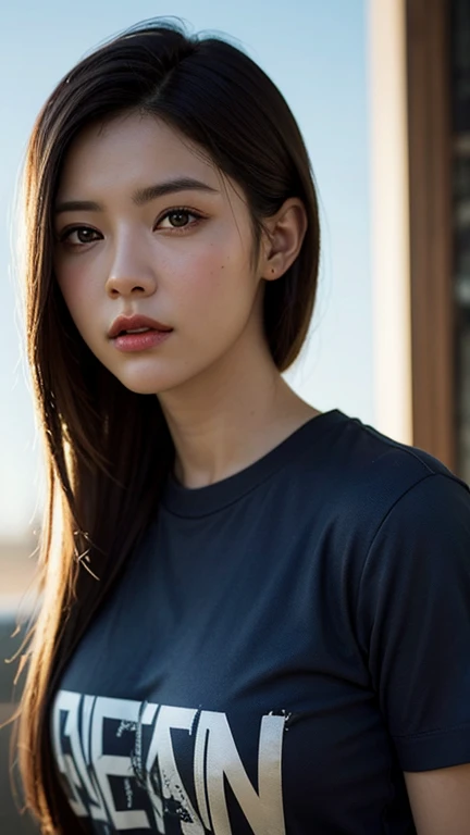 Dressed, (photo Realistic:1.4), (hyper Realistic:1.4), (Realistic:1.3), (Smoother lighting:1.05), (Improving the lighting quality of movies:0.9), 32k, One girl,20 year old girl, Realistic lighting, Backlight, Light on the face, Ray-tracing, (Bright light:1.2), (Improvement of quality:1.4), (Highest quality real texture skins:1.4), Detailed drawn eyes, Detailed painted face, Quality Eyes, (Tired, sleepy and satisfied:0.0), Face close-up, T-Shirts, (Enhance the mood of your body line:1.1), (Enhances the beauty of skin texture:1.1)
