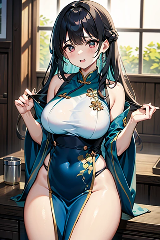 (art: 1.2), (best quality: 1.2) 1 woman, mature teenager, 185 cm tall, appeared to be about 20 years old, had long hair as black as darkness, straight and shiny hair tied into a green jade hairpin in Chinese Taotist style, cold icy blue eyes are indifferent, extremely detailed eyes, perfect eyes, extremely realistic eyes, well-aligned eyes, long eyelashes, anime style, extremely beautiful face, indifferent face to the viewer, delicate and mature face, full lips, mature, fair skin, natural body, SEXY BODY, milf body, with one hand holding her waist, perfect hands, detailed hands, hands well proportioned to the body, realistic hands, arms with good anatomy, she wore a navy blue dress with a long skirt Chinese style decorated in gold and silver that still could not hide her extremely large and huge breasts that were hanging down due to her size, her were fully covered by the paia, thick thighs fully covered, wide hips, looking at the viewer with a cold facial expression is indifferent, background scene, in an oriental-style Chinese pavilion, posing alone Looking at the viewer.