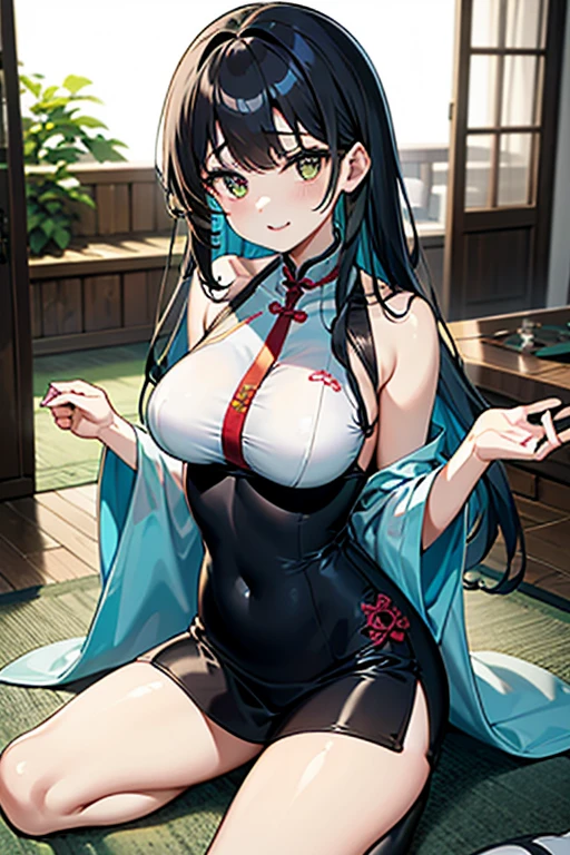 ((best quality)),((highly detailed)),masterpiece,absurdres,detailed face,beautiful face,(detailed eyes, deep eyes),1girl,((dynamic pose)), chisato hasegawa, black hair, long hair, solo, green eyes, bow, large breasts, cowboy shot, chinese town, outdoors, seductive smile, looking at viewer, wearing red chinese dress, put your hands behind your head, armpits, armpits visible, sweaty armpits, cleavage visible, wearing glasses