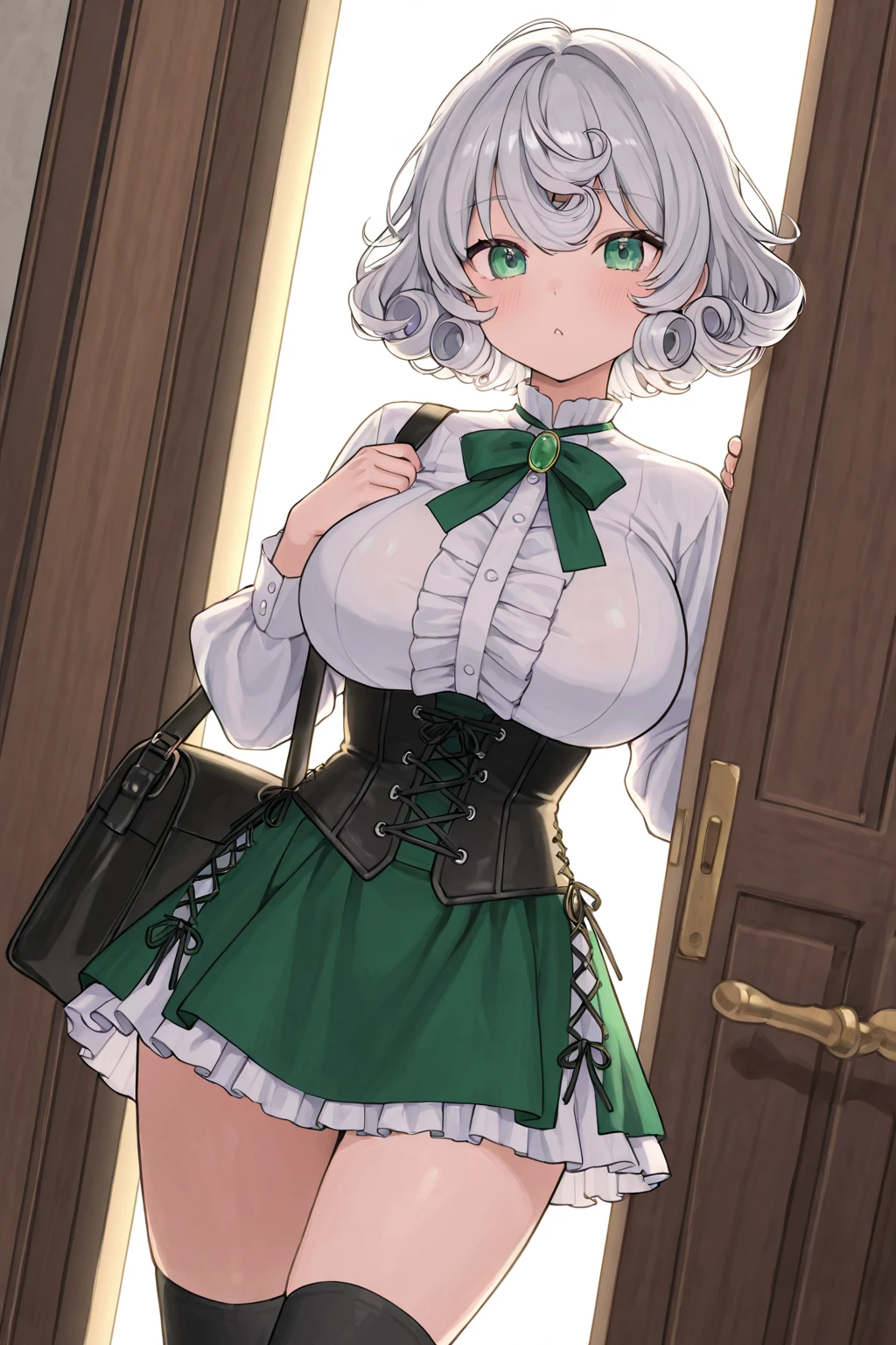 medium short hair, white hair, heterochromia, one green eye, one black eye, big chest, big butt, lingerie, big tits, big eyes, pelaje blanco con toques verdes y miel