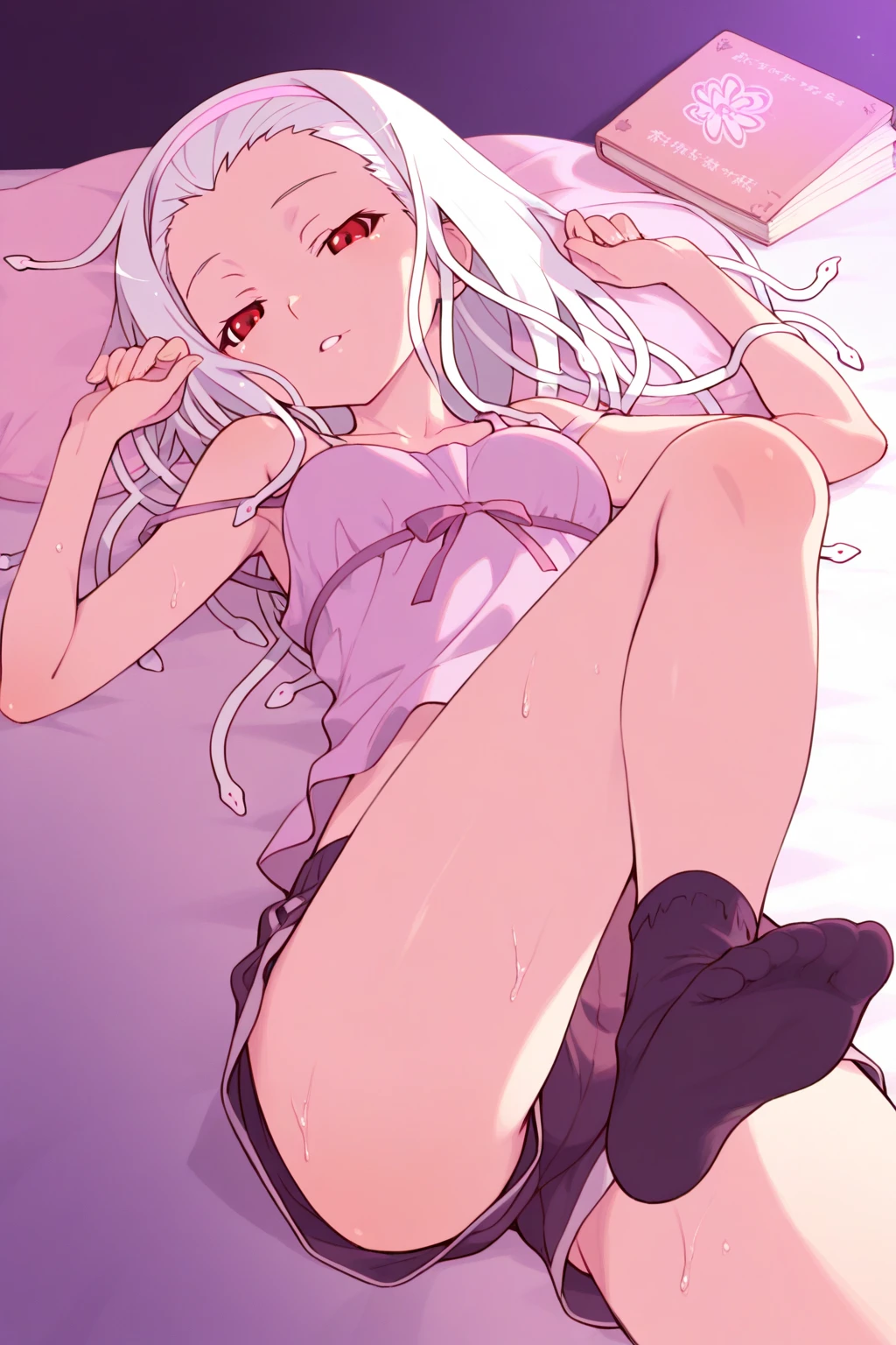 nsfw, (full nude), 1girl, pussy, Hairless Pussy, breast, tummy, small breast, firm breasts, spoken heart, love juice, from below, (embarrassed, blush, in heat:1.2), orgasm, troubled face, (spread legs, knees up, toes:1.2), lying down, on a white bed, (masterpiece, best quality, perfect anatomy, dynamic lighting, character focus:1.2), (close to viewer:1.3), closed eyes, open mouth, white skin, Nakiri Ayame, long hair, AyameFrills, frilled hairband
