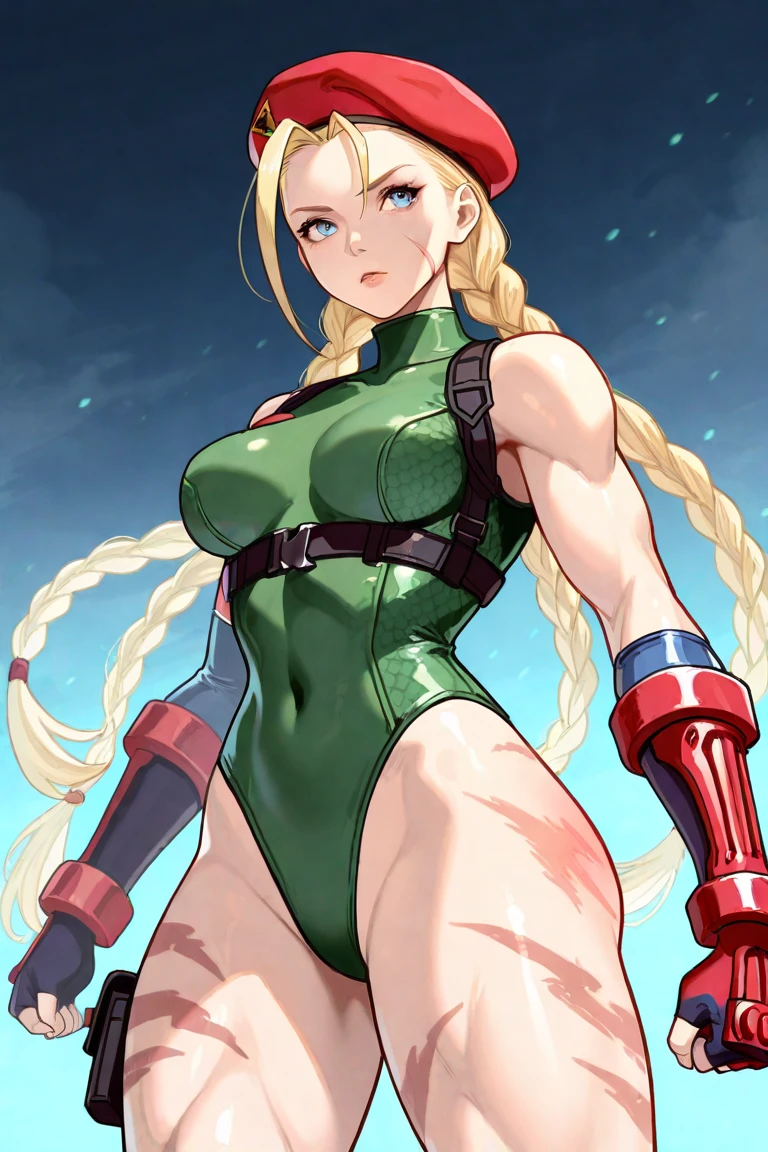 cinematic film still beautiful,masterpiece,best quality,extremely detailed face,perfect lighting,1girl,arms behind head,cowboy shot,cute,flirty,looking at viewer,cammy white,twin braids,long hair,blonde hair,antenna hair,beret,(red headwear:1.3),blue eyes,scar on cheek,(large breasts:1.2),green leotard,sleeveless,red gloves,fingerless gloves,camouflage,. shallow depth of field, vignette, highly detailed, high budget, bokeh, cinemascope, moody, epic, gorgeous, film grain, grainy, cameltoe, fat ass, fat curvy, showing fat ass oiled,