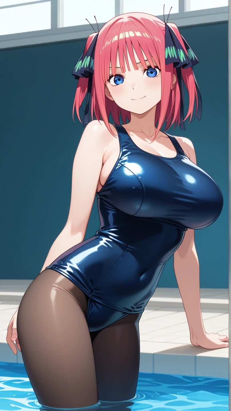 best quality, ultra-detailed masterpiece, anime art style, cute characters, nino nakano, one-piece swimsuit, large breasts, pantyhose, blush, smile