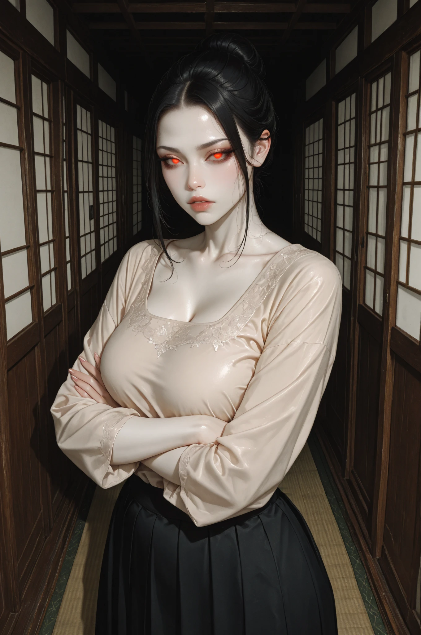 dark techno, cyberpunk,「Realistic image of a Asia Model She is elegant, pale, Perfect and long skin, Flowing black hair that blends with the surrounding shadows. Her kimono is exquisite and meticulous down to the last detail.., dark, Relaxing dark blue and black tones, Exquisitely decorated, Negative patterns that indicate a connection to the supernatural. 