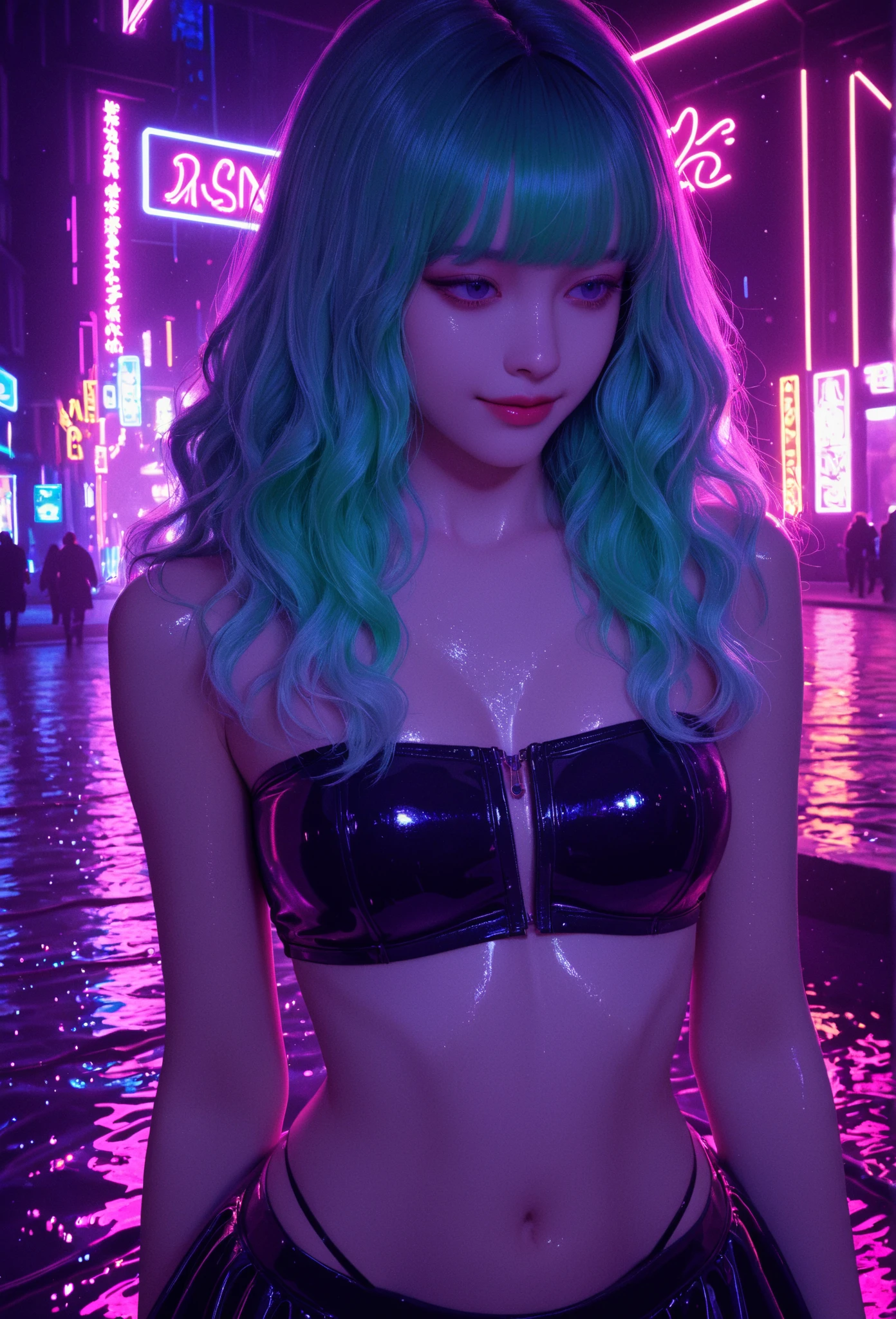 Woman with purple hair and glasses posing on bench, an oppai cyberpunk, at cyberpunk city, seductive anime girls, Guviz-style artwork, female cyberpunk anime girl, cyberpunk anime girl, digitl cyberpunk - anime art, Anime girl cosplay, trending on cgstation, hyper realistic anime, Anime girl in real life, Ross Tran 8 K