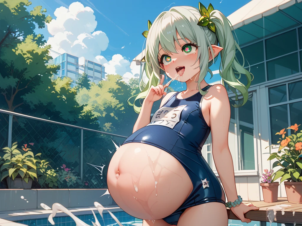 small girl, blue colored eyes, blonde, Long wet hair, swimsuit tan line (tan lines), without a blouse wearing yellow shorts, Super cute, mischievous grin, beauty mark, creek, front view, qualidade hd, hyper-pregnant , short stature 