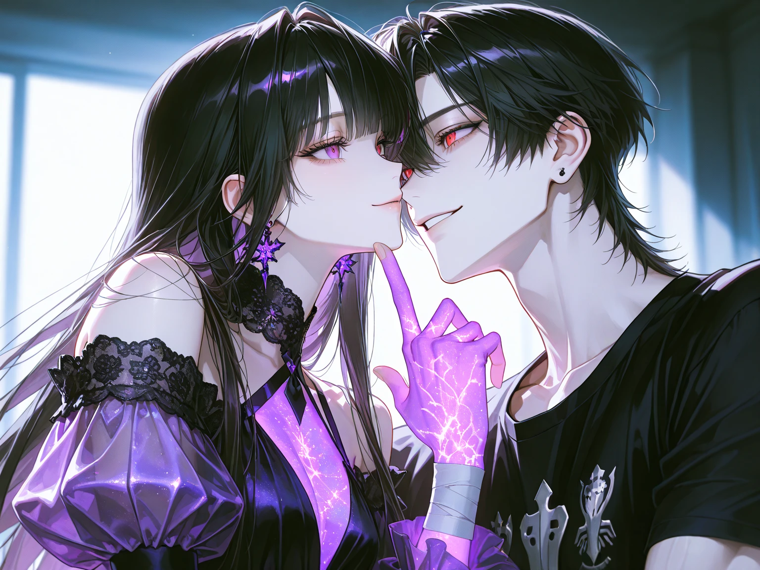 , best quality,(masterpiece:1.1),[Night, grand ballroom, Dancing gracefully with partner, elegant male vampire, slender build, hypnotic violet eyes, sharp fangs, pale white skin, dressed in a fine black suit.], [bioluminescent], , [[sweating]], [[tears]],,[cga colored lighting, raytracing, HDR] <lora:StyleLycoris_v01Poc:0.85>