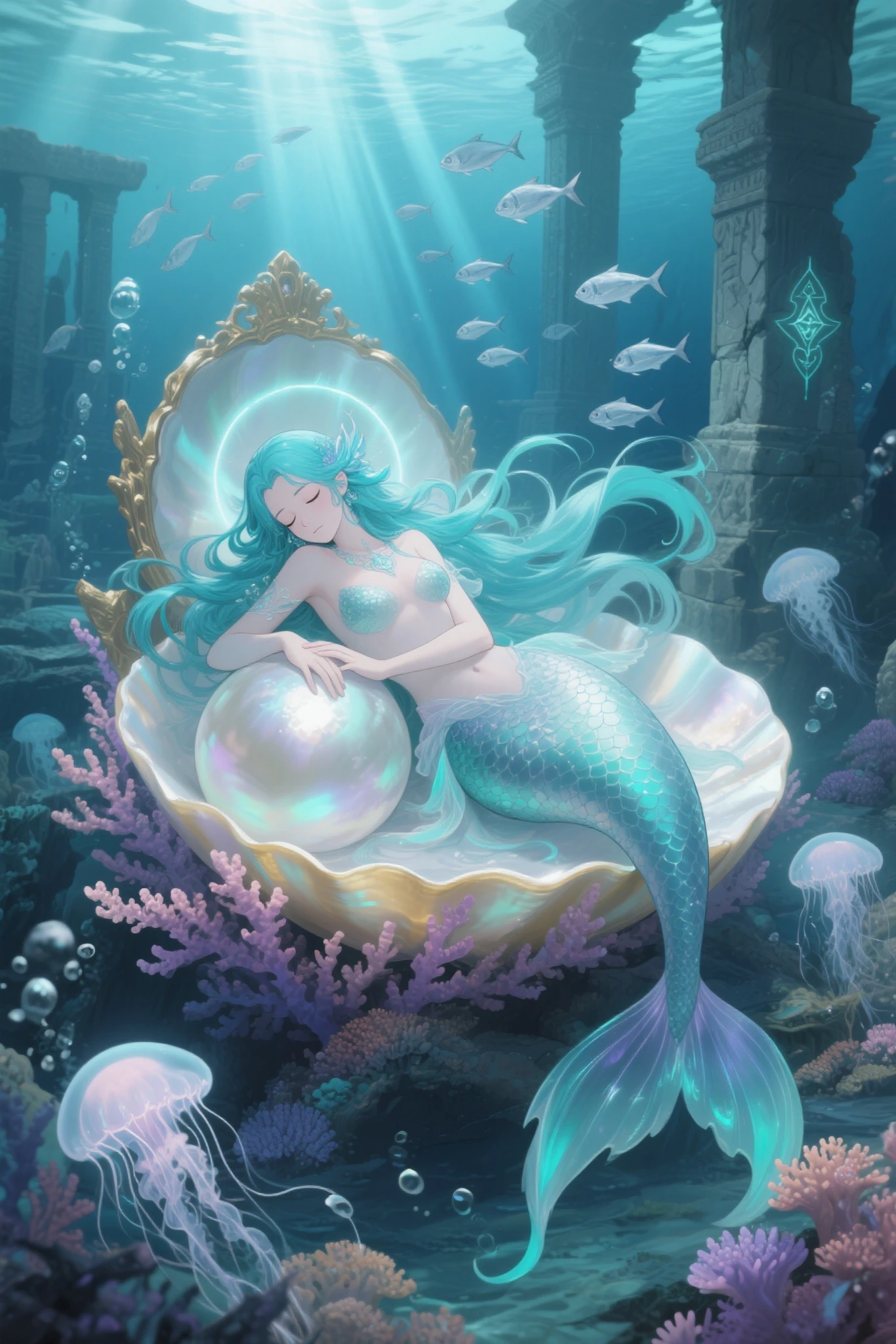 (maximum quality, exquisite design, better lighting, better shading), statue of 2 mermaids in the form of Yin Yang, inside a crystal ball, under the moon and the sun, detailed and realistic details, intricate, carved in green and orange marble, shining with moonlight and sunlight, a perfect balance between light and dark, mystical and serene.