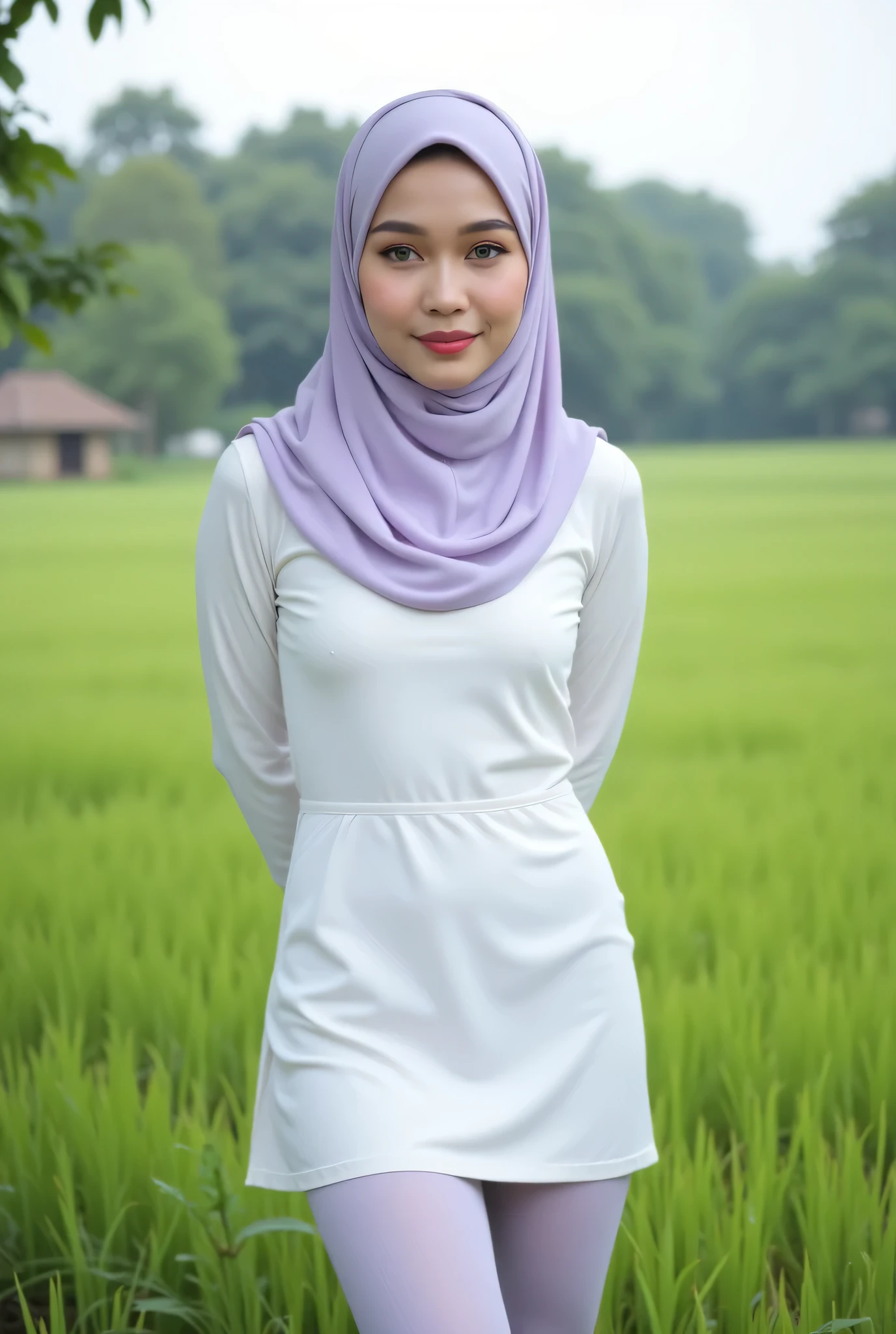 Just Front photo, wear a pastel translucent (periwinkle) leggings closed my center, Tetek besar melayut, hijab hijab hijab  hijab, (photorealistic:1.6), background rice paddy. daytime atmosphere, don't put any rope! flat chest!, duduk di atas kerusi kaca, hands behind back while legs astride,  view from  front, wearing Detailed Fully white satin silk tight dress, (very soft plain mini dress)