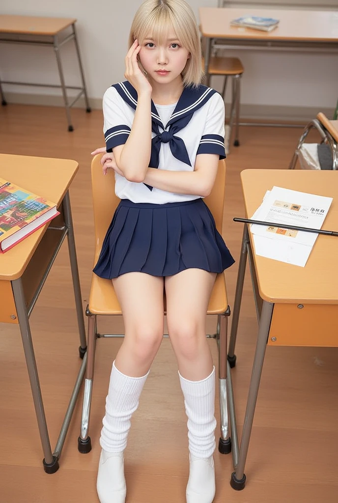(Ultra Realistic), (3D), (CG), (High Definition), (8K), (Very Detailed), Memcho, Solo, One Girl, Blonde, Very Small Horns, Mini Skirt, Short Hair, Knitted Knee Socks, Uniform, Smile, Small Body, Small Breasts, Constriction, School, Classroom, Sailor Suit, Baby Face, Young Child, 15 Years Old, Bareface, Suppin