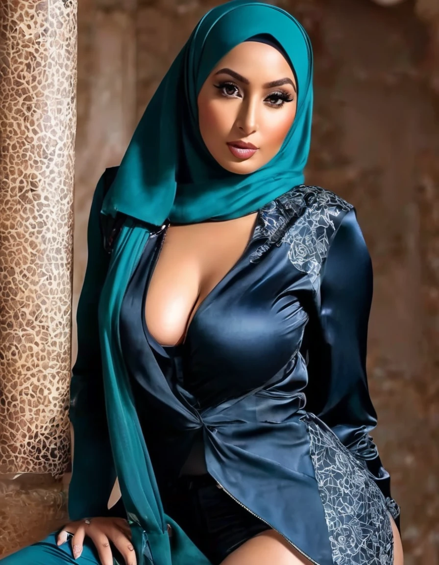 Busty Aishwarya Rai in hijab with fair skin, wearing baju kurung, (wearing hijab) , ((extremely revealing cleavage)), (beautiful young face), (full body potrait), (huge breasts), (she is posing seductively), (she sweating), praying in mosque