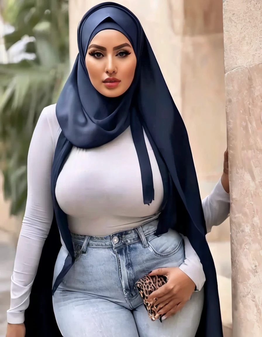 (highres,realistic:1.2),beautiful,cute busty thicc Egyptian mother wearing hijab and sexy jeans in mall  Beautiful smile. Seductive pose
