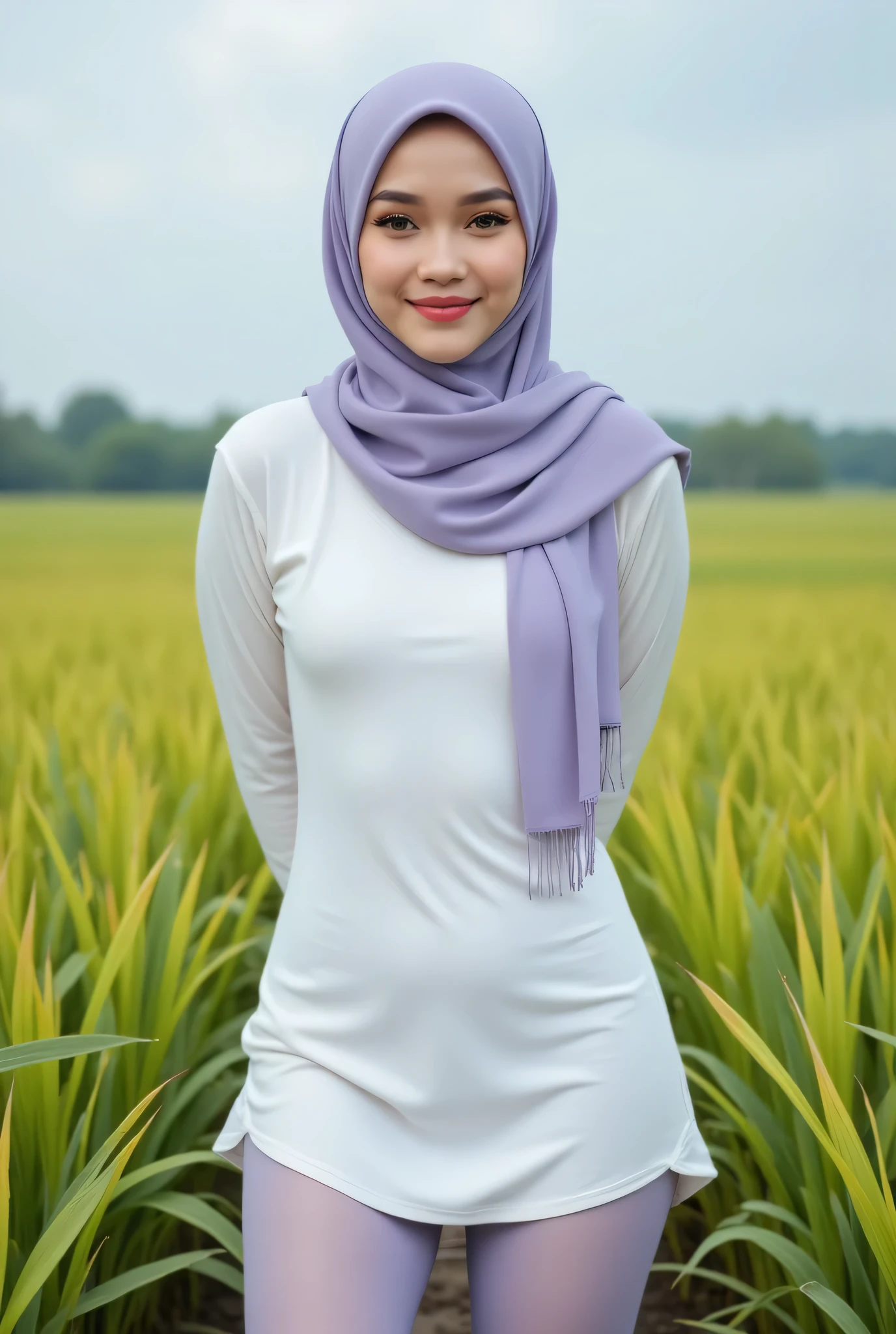 Just Front photo, wear a pastel translucent (periwinkle) leggings closed my center, Tetek besar melayut, hijab hijab hijab hijab, (photorealistic:1.6), background rice paddy. daytime atmosphere, don't put any rope! flat chest!, duduk di atas kerusi kaca, hands behind back while legs astride, view from front, wearing Detailed Fully white satin silk tight dress, (very soft plain mini dress) and spread tiny the legs