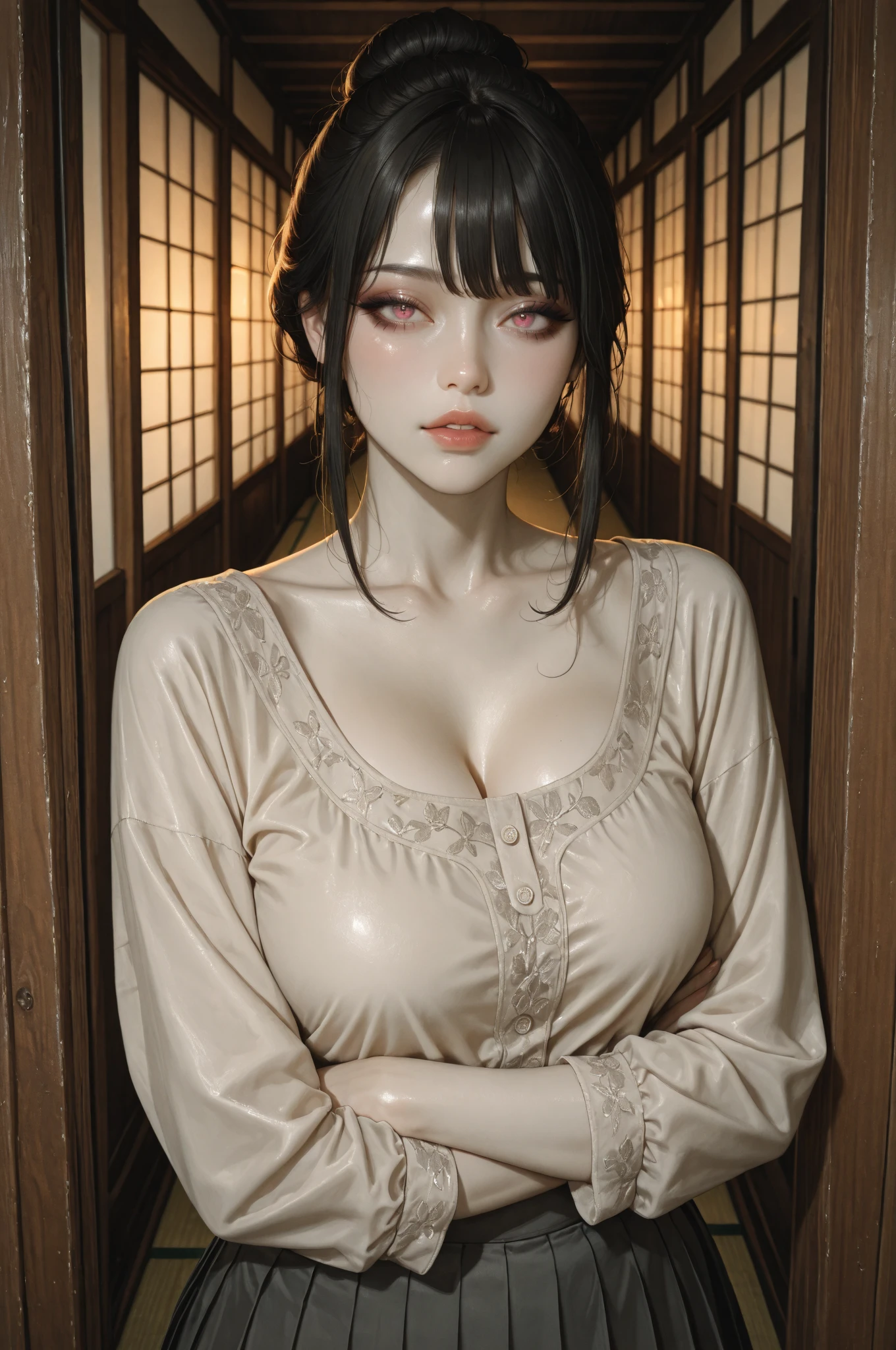 masterpiece, hinata\(boruto\), 1girl, mature women, (((red lace Kimono Spaghetti Strap Top))), (((Closed Clothing))), (((cleavage))), (((Close-up photo))), (((big breasts))), (((big round breasts))), (((round breasts))), (((extremely heavy breasts))), (((Colossal tits))), (((heavy breasts))), (((plump breasts))), (((perfect breasts))), (shy face), detailed lips, beautiful face, blush, (pink lips), (((long hair))), white eyes, gentle gaze, smile, super realistic, detailed, realistic face and body, realistic hair, realistic eyes, realistic nose, realistic lips, seductive pose, (((straight bangs))), (dark blue hair), 28 year old girl