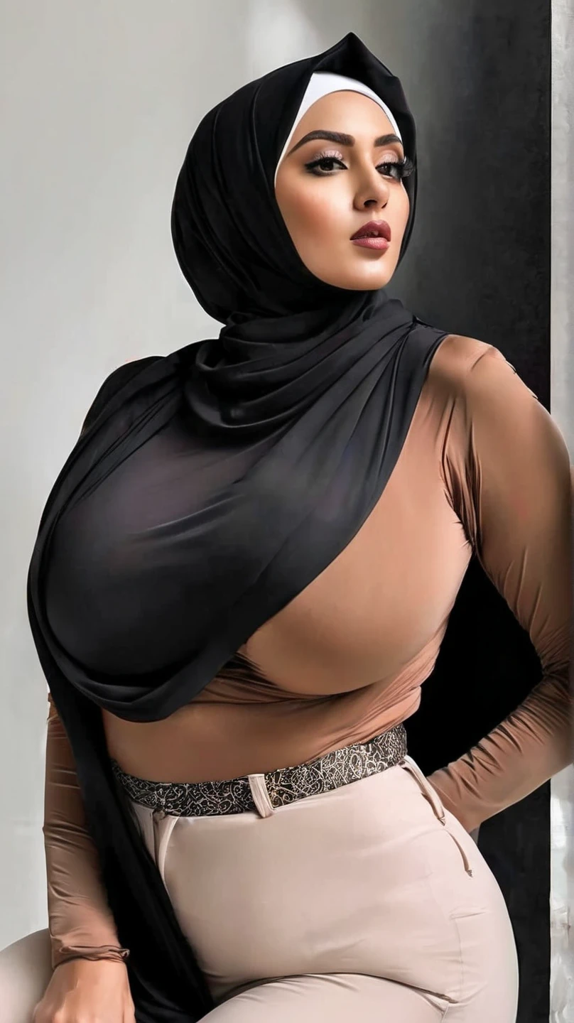 1iranain 2girl, modern plain hijab, shy, medium portrait, watery eyes, wearing dark green kebaya, transparant (big breasts)), black bokeh background, well-proportioned body,tits, chubby massive thighs, full body pose, wearing a necklace , wearing 10 bracelet , wearing a sneaker 