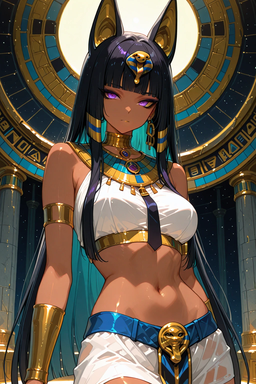 (striped veil covering the whole head), all white, slender body semi-covered by Egyptian technological clothing based on the sphinx, Neon Genesis Evangelion style, cyberpunk, lots of gold jewelry and rubies, action pose, facing the viewer, mischievous smile,((Best quality)), ((masterpiece)), (detailed: 1.4), (Absurd), (((super defined eyes))), Egyptian powerful woman ready for war,  perfect body, dark skin tanned bright, cleoopatra, (((perfect ass))), shoulder pad of the Anubis, ((head adornment that falls in two straps over the shoulders and has the part hanging over the nape of the neck tied in braid, called nemes with that of the sphinx)), defined body, bare thighs, closed mouth, only panties, include hieroglyphics in clothing, generous neckline, ((perfect medium breasts)),  (brown eyes without pupils), ((long black eyelashes)), ((heavy eye makeup)), ((black stroke coming out of the corner of the eyes)), ((clothing in red and black and white colors)), ((Egyptian designs on the arms)), Egypt, Tutankhamun mask, Pharaoh, Bastet, Anubis, short underwear, garter belt, by mucha, niji --V5, close to real, psychopathic, crazy face, sexy pose, inside a pyramid,  2 piece clothing, centered, scale to fit dimensions, HDR (High Dynamic Range),Ray Tracing,NVIDIA RTX,Super-Resolution,Unreal 5,Subsurface dispersion, PBR texture, Post-processing, Anisotropic filtering, Depth of field, Maximum clarity and sharpness, Multilayer textures, Albedo and specular maps, Surface shading, Accurate simulation of light-material interaction, Perfect proportions, Octane Render, Two-tone lighting,  Wide aperture, Low ISO, White balance, Rule of thirds, 8K RAW, crysisnanosuit