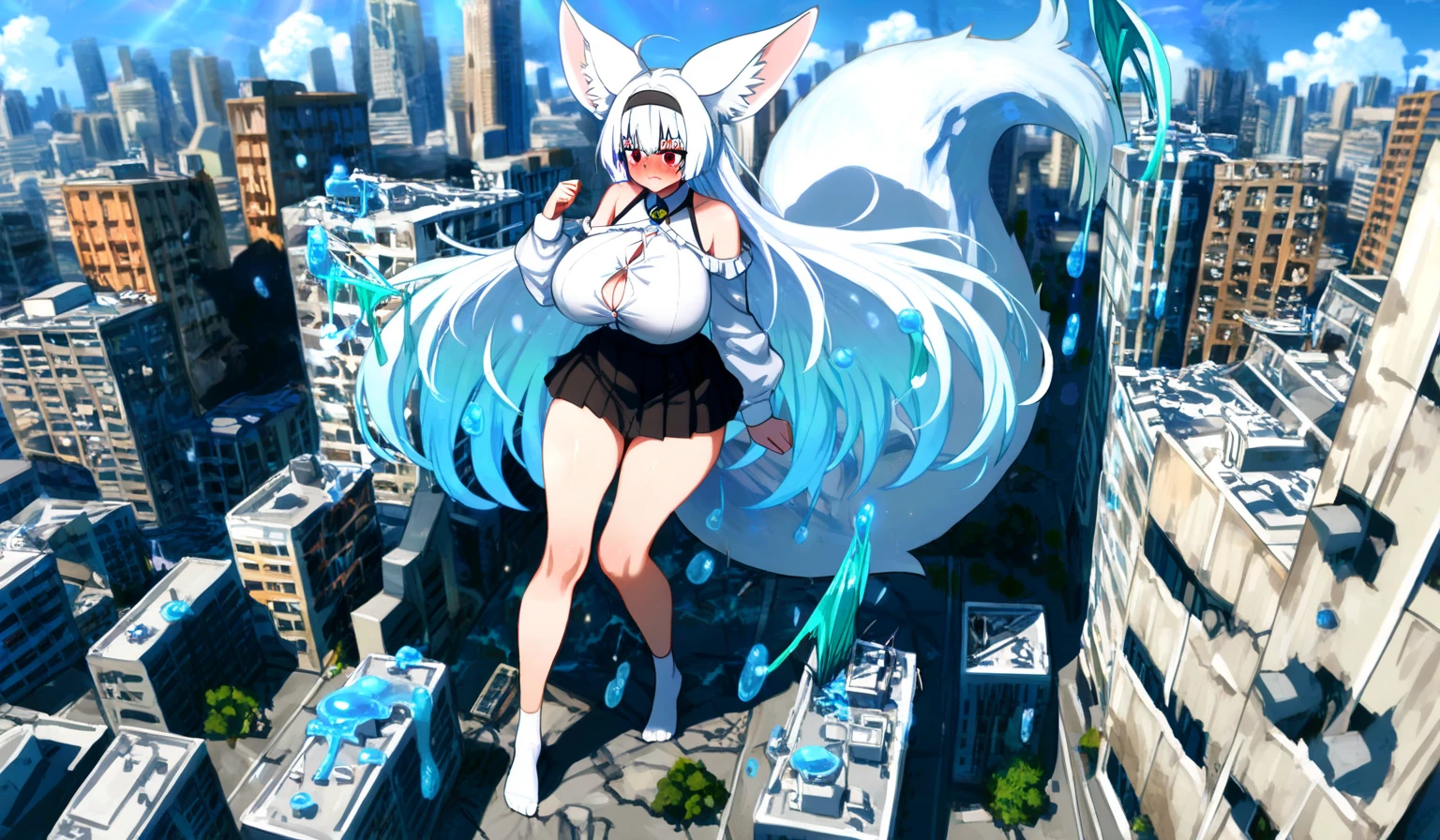 Anime style,battle loli girl up to sky,(Gooey milk on my clothes,all over face and body,Face full of gooey milk),black battle bodysuit,float and fly in the air,mechanical cat ears shaped headgear,big breasts,