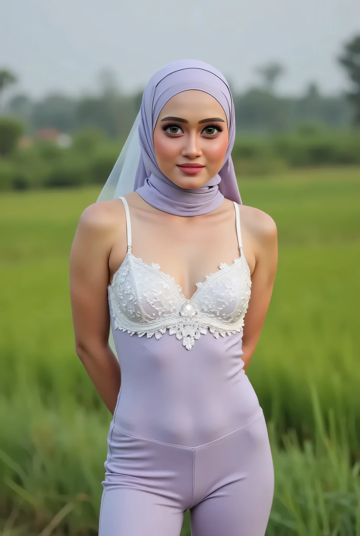 Just Front photo, wear a pastel translucent (periwinkle) leggings closed my center, Tetek besar melayut, hijab hijab hijab hijab, (photorealistic:1.6), background rice paddy. daytime atmosphere, don't put any rope! flat chest!, duduk di atas kerusi kaca, hands behind back while legs astride, view from front, wearing Detailed Fully white satin silk tight dress, (Singlet flares)