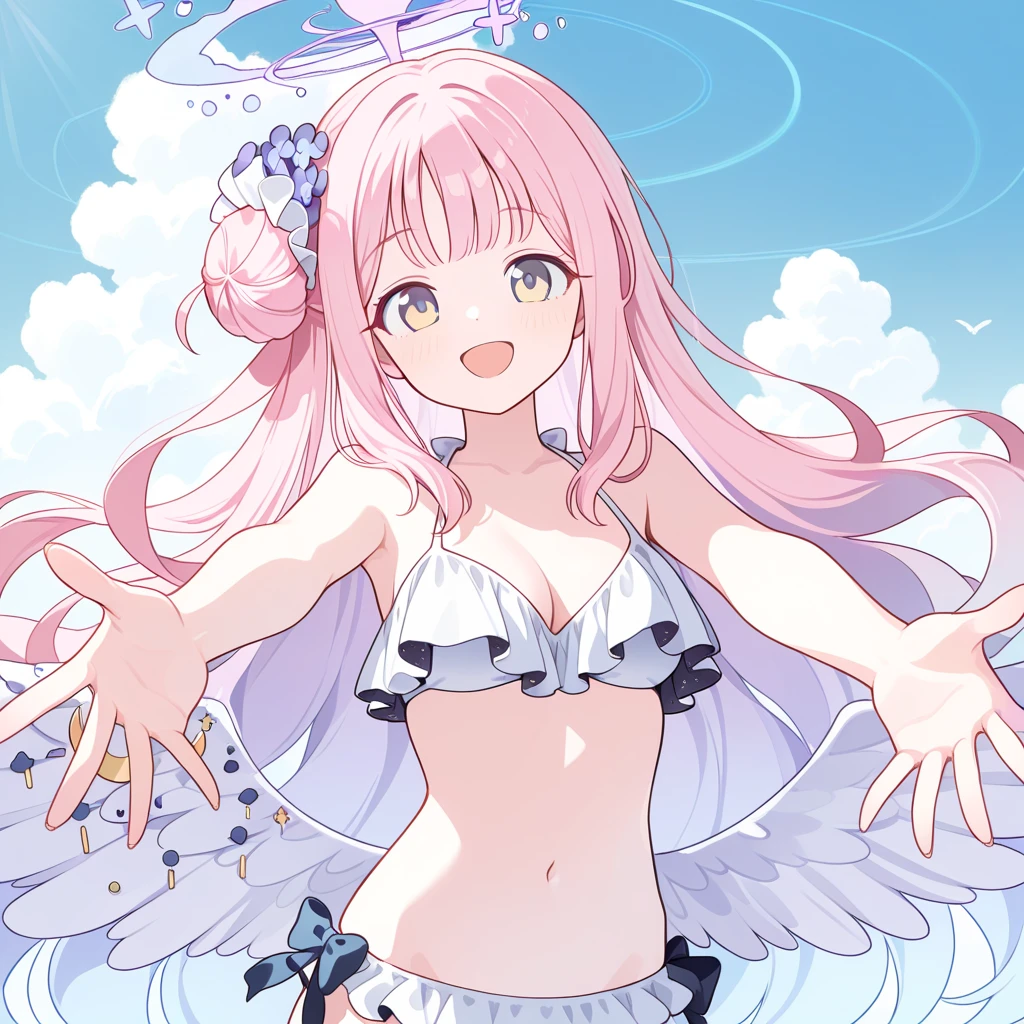 1_girl, (anime, kawai:2), (masterpeice, best_quality, clean:1.5), (sky_background:1.2), (cute, cute_smile, wholesome, young:1.8), (delicate, extremely_delicate, beautiful, thin:1.5), (girlfriend, angel:1.8), (green_eyes, simple_eyes:1.8) (long_hair, blond_hair, wearing_pink_bikini, pink_angel_wings:1.8), (combat:1.2), extremely_delicate, (love_magic:1.5), (age_size_fits_body), (small_thighs:1.3), (breasts), (eye_level:1.3), (heart_magic, love:1.5), (folded_legs:1.5)