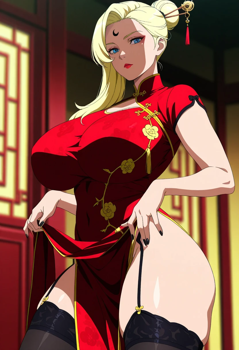 An anime-style artwork depicting Kousaka Shizuru from the game Honkai star rail.

Tags: Kousaka Shizuru, anime, detailed eyes, detailed lips, ass, bare shoulders, (blonde hair:1.4), (chinese dress:1.4), cleavage, pencil skirt, miniskirt,curvy, thighs, higheels, shiny clothes, skin tight, cleavage, long hair,  solo, huge breasts,  (green eyes:1.1),, smiling expression, intense gaze, dynamic pose, indoor, palace, vibrant colors, digital art, high-resolution, professional quality, gigantic breasts, (underboob : 1.4), curvy, cowboy shot, (gigantic breasts: 1.4),