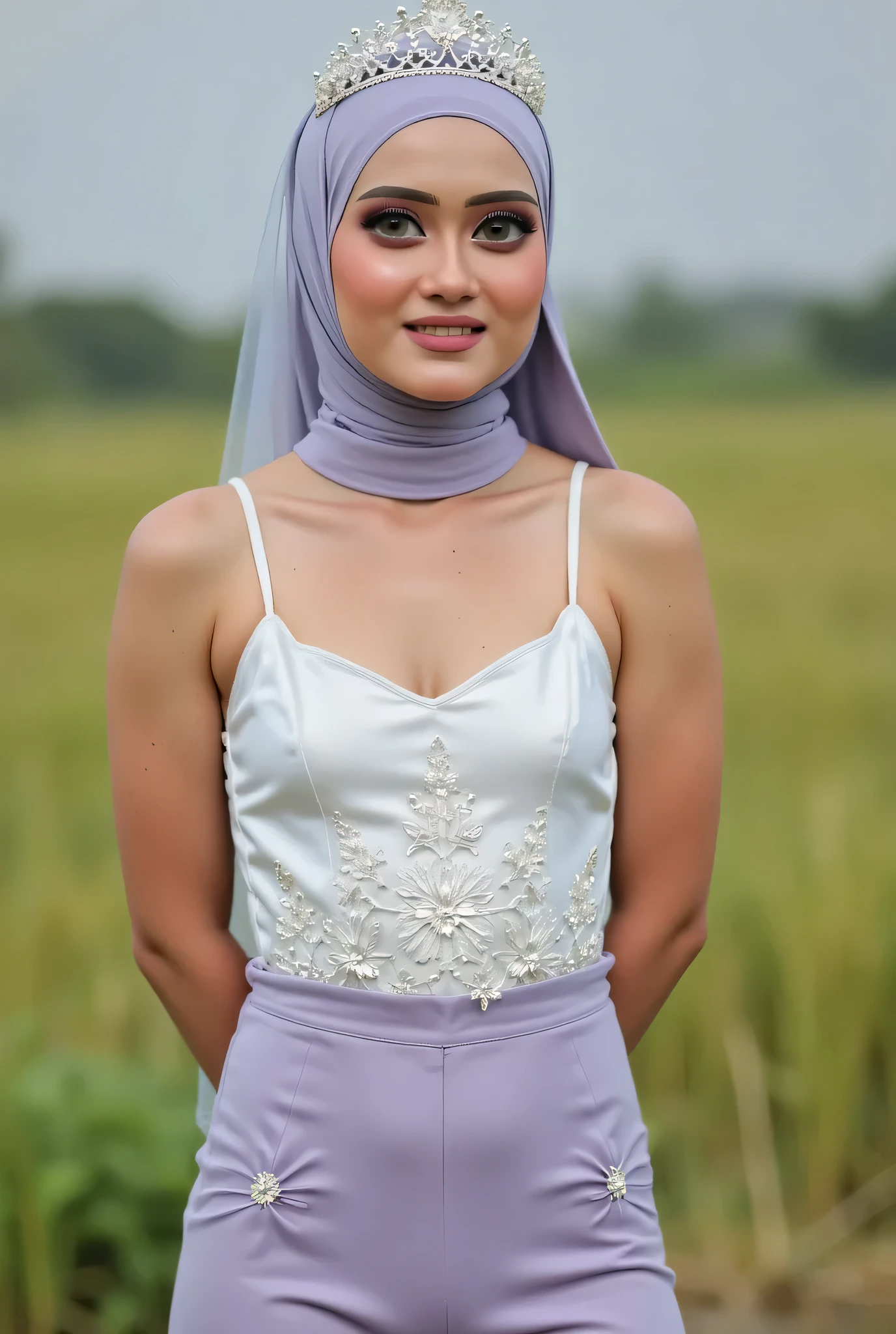 Just Front photo, wear a pastel translucent (periwinkle) leggings closed my center, Tetek besar melayut, hijab hijab hijab hijab, (photorealistic:1.6), background rice paddy. daytime atmosphere, don't put any rope! flat chest!, duduk di atas kerusi kaca, hands behind back while legs astride, view from front, wearing Detailed Fully white satin silk tight dress, (Singlet flares)