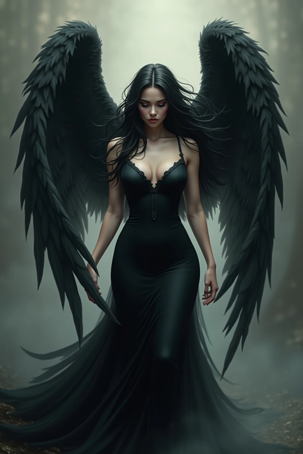 Ghostly Face. Shadow body with clothes that hide the body, like the character of Vivi from Final Fantasy IX, cleavage, thigh, short skirt, sexy, wide black wings